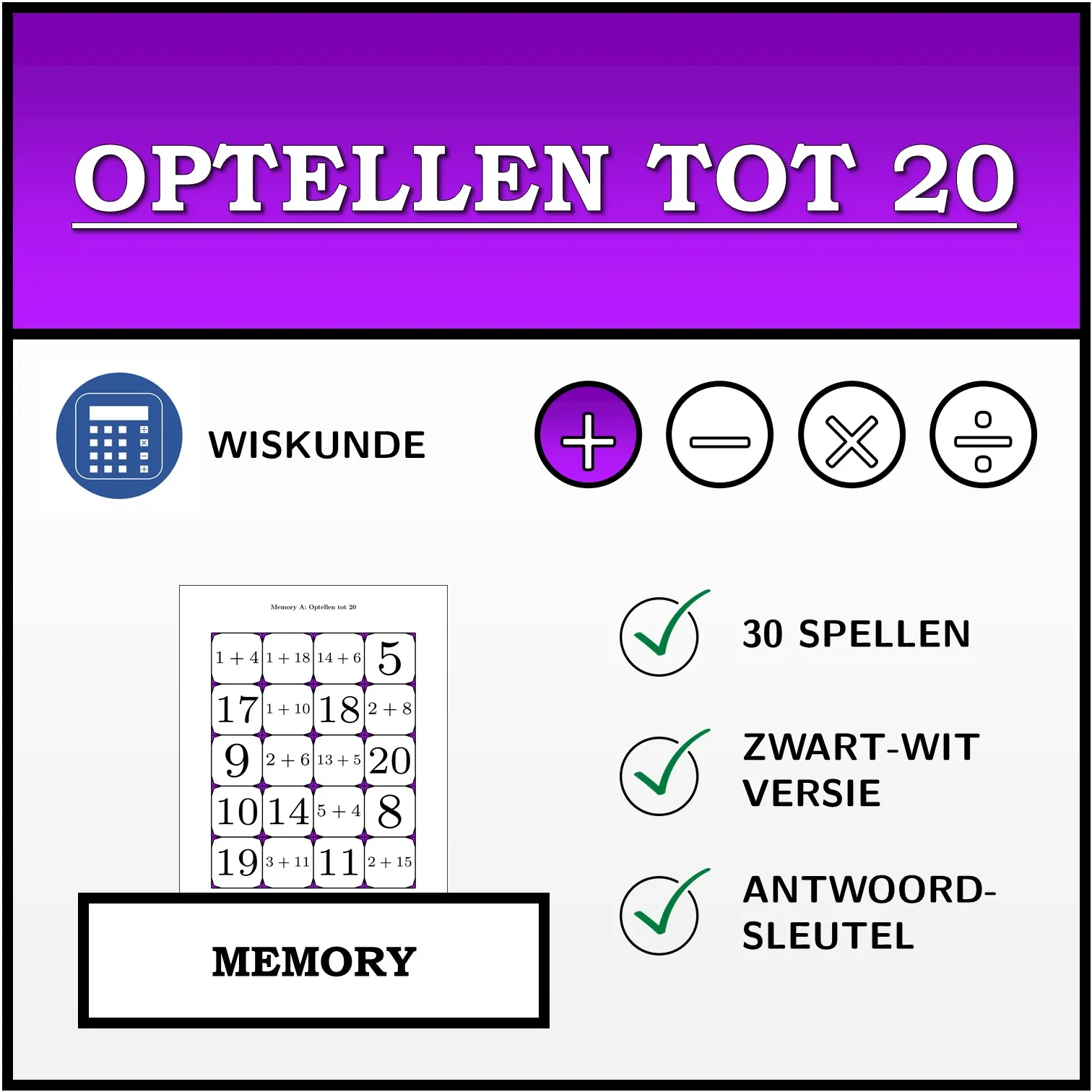 Memory: Optellen tot 20
