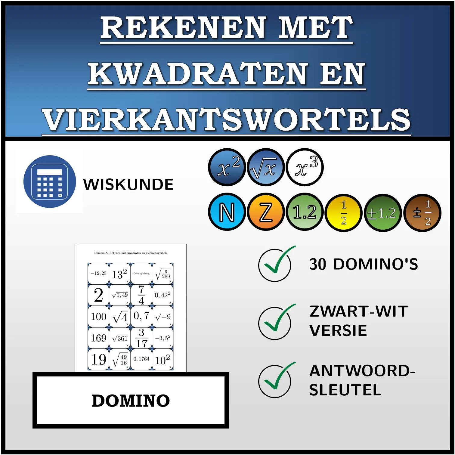 Domino: Rekenen met kwadraten en vierkantswortels