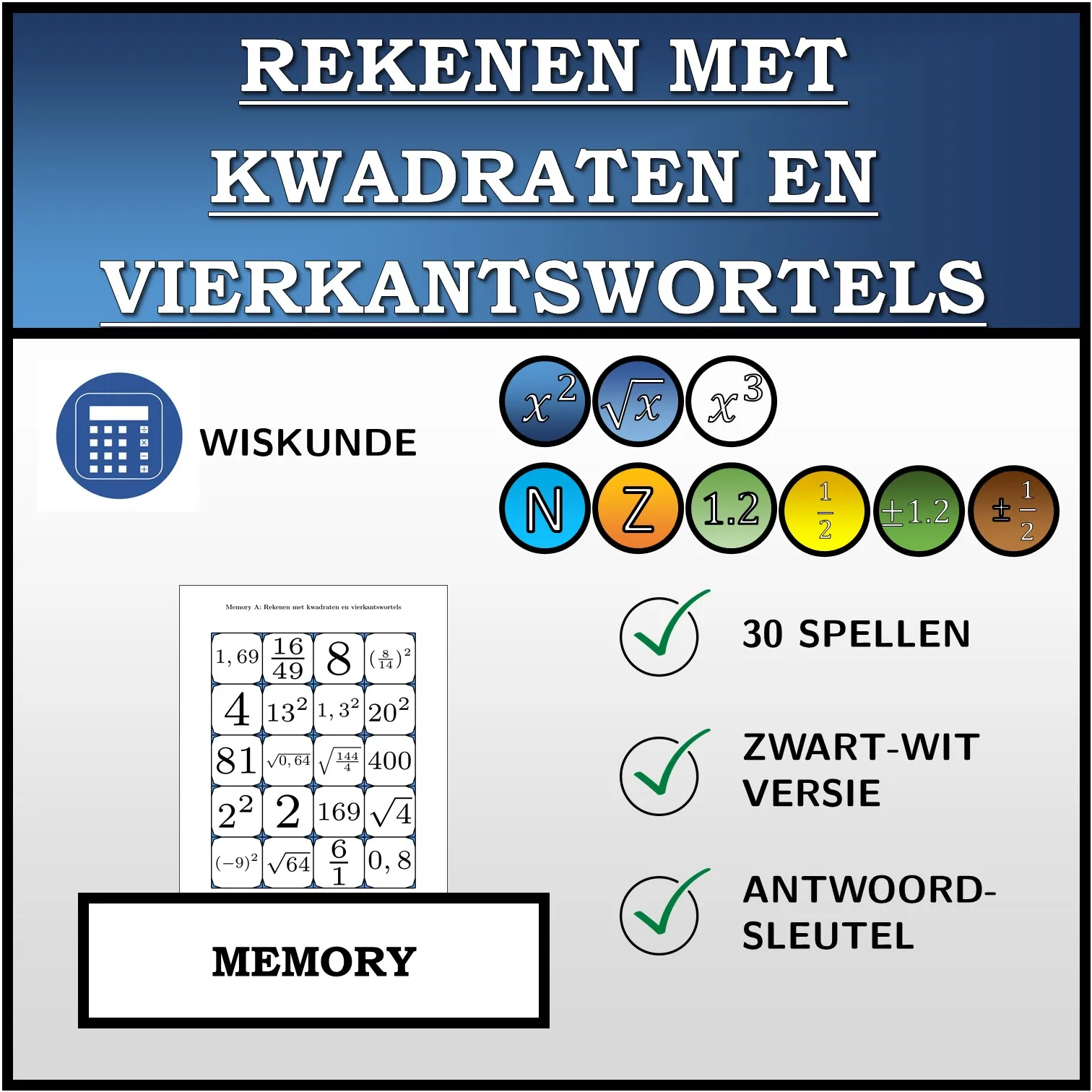 Memory: Rekenen met kwadraten en vierkantswortels