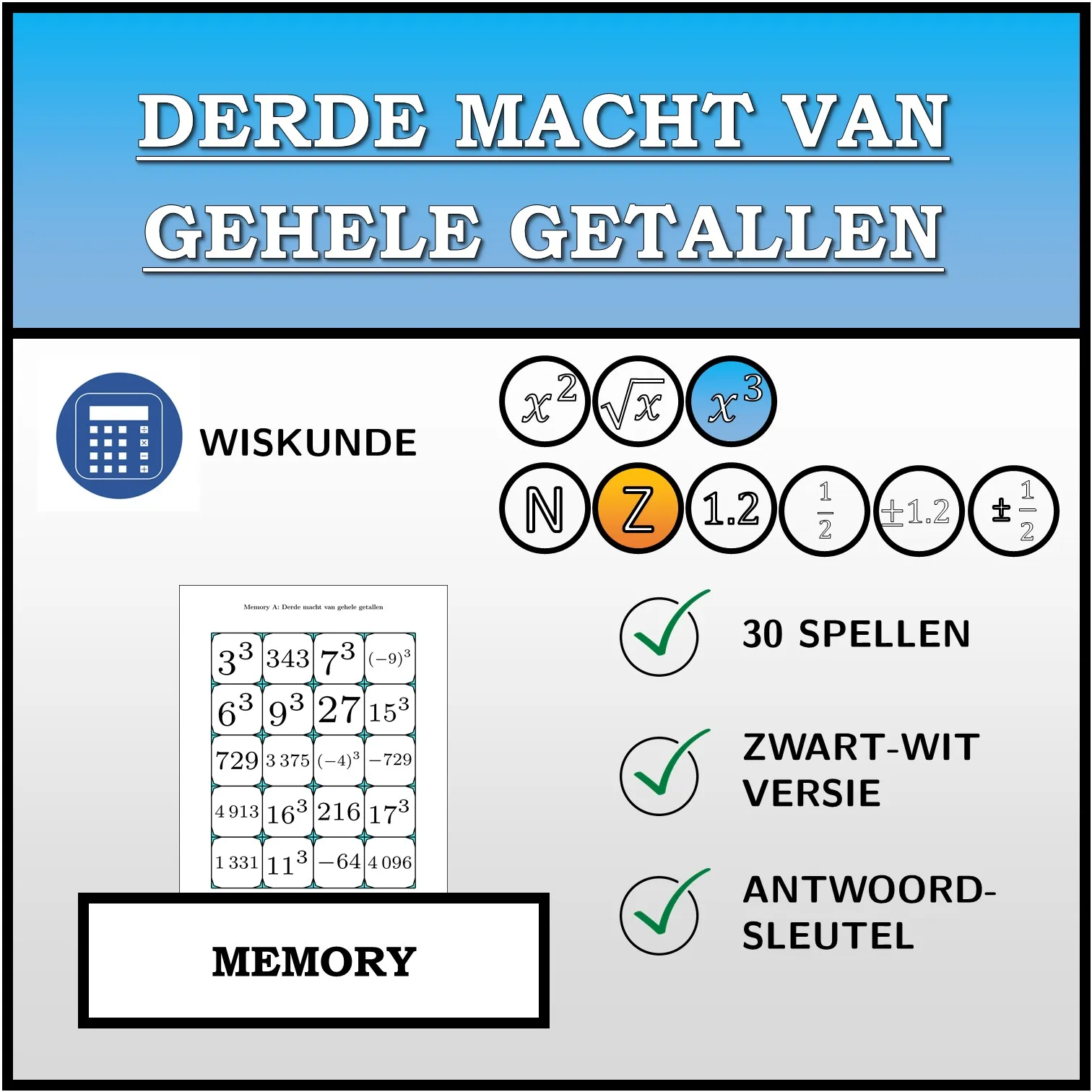 Memory: Derde macht van gehele getallen