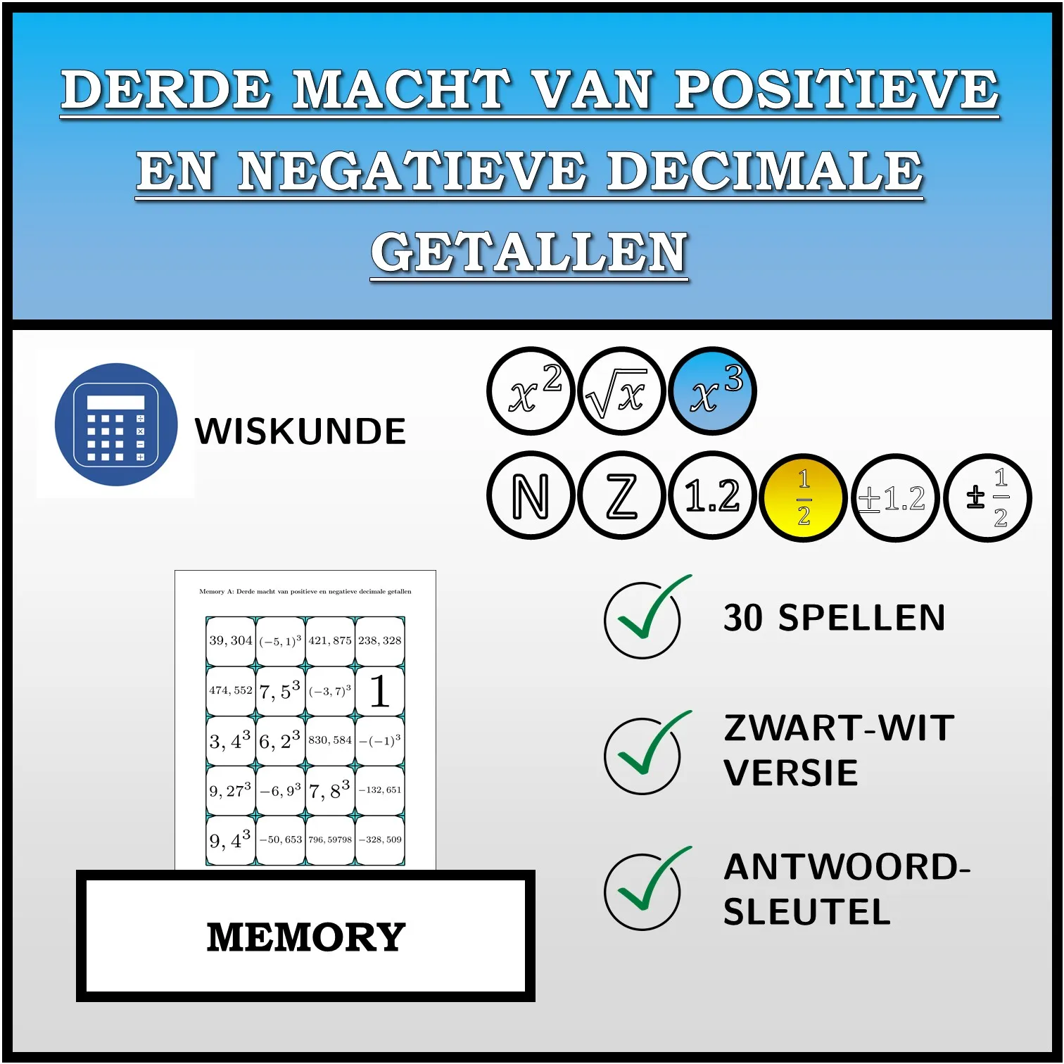 Memory: Derde macht van positieve en negatieve decimale getallen