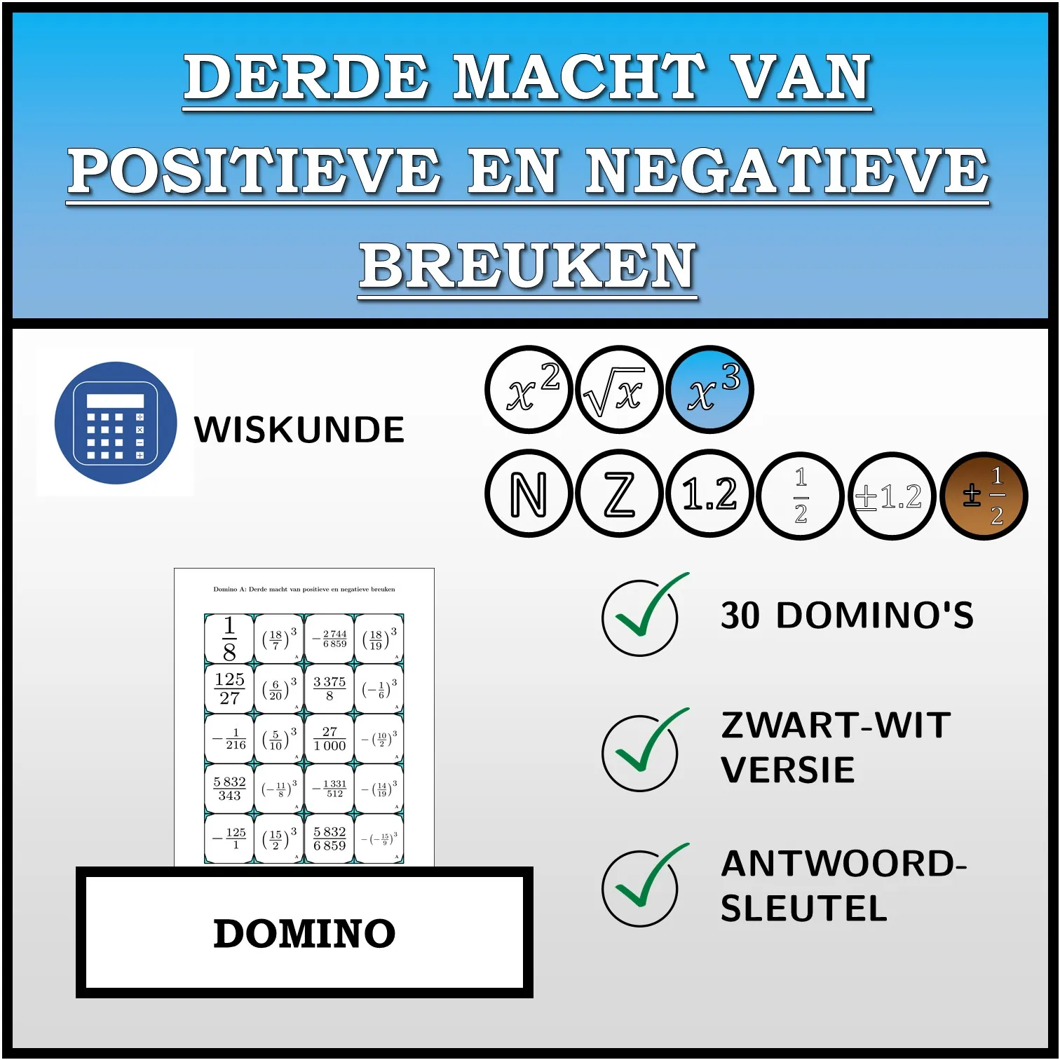 Domino: Derde macht van positieve en negatieve breuken