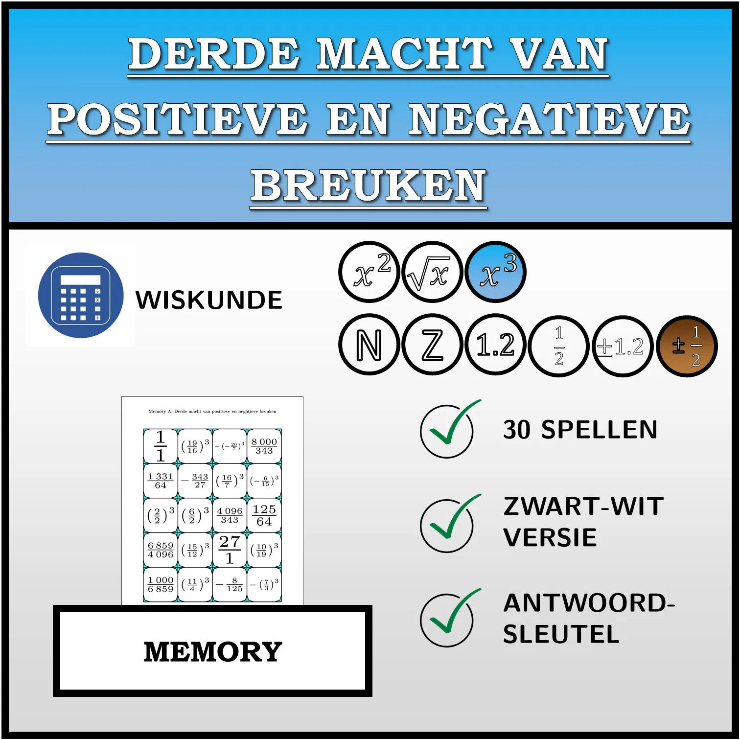 Memory: Derde macht van positieve en negatieve breuken