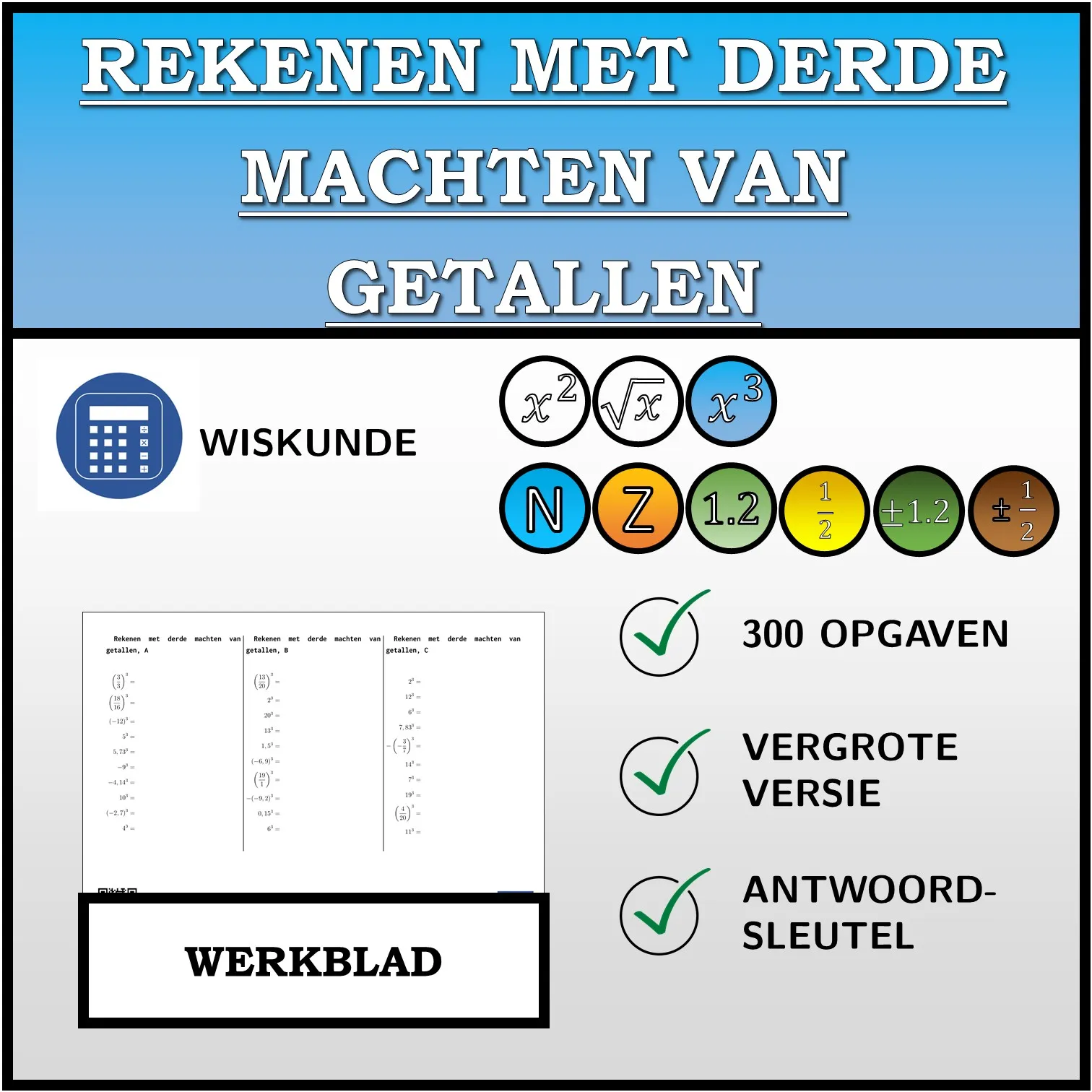 Werkblad: Rekenen met derde machten van getallen