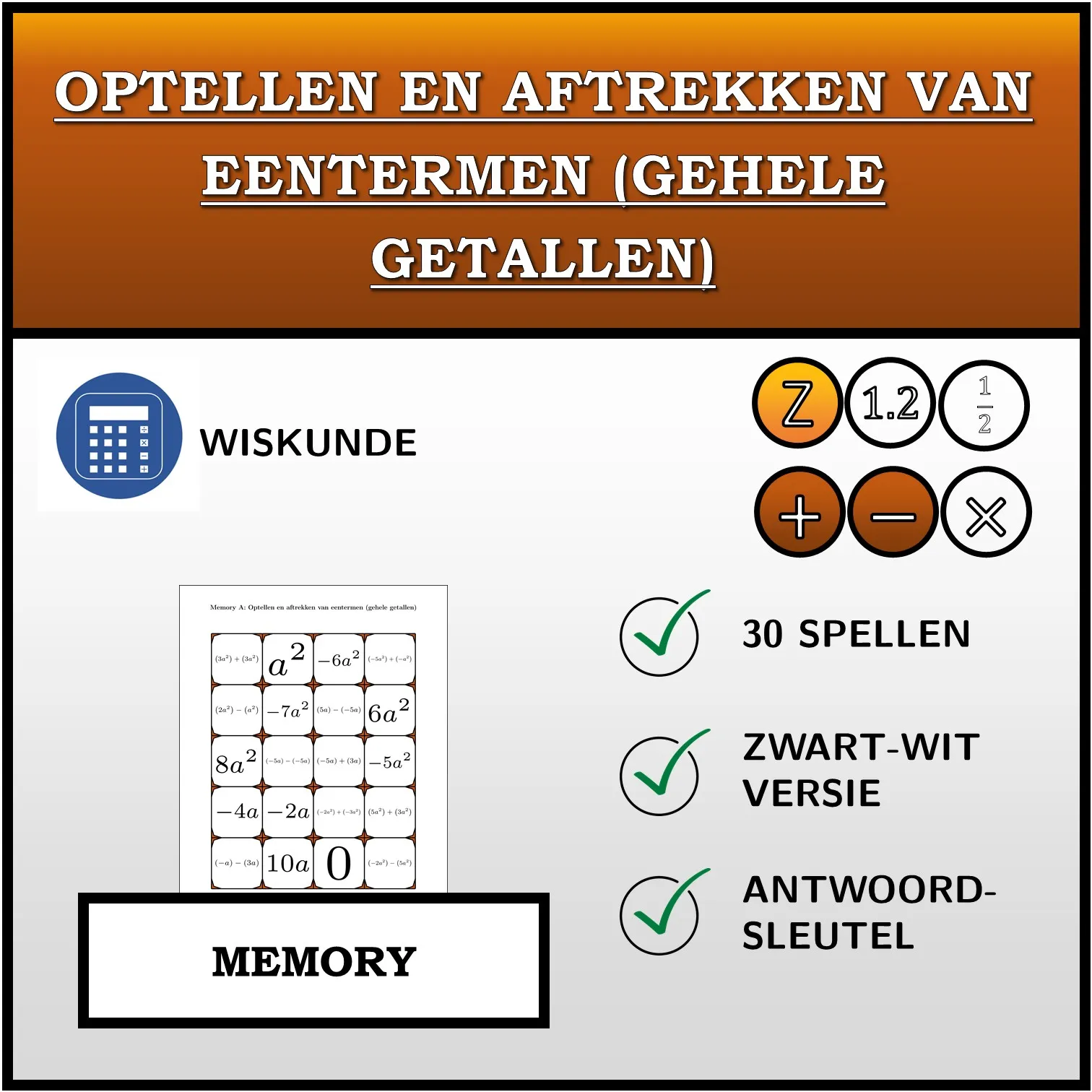 Memory: Optellen en aftrekken van eentermen (gehele getallen)