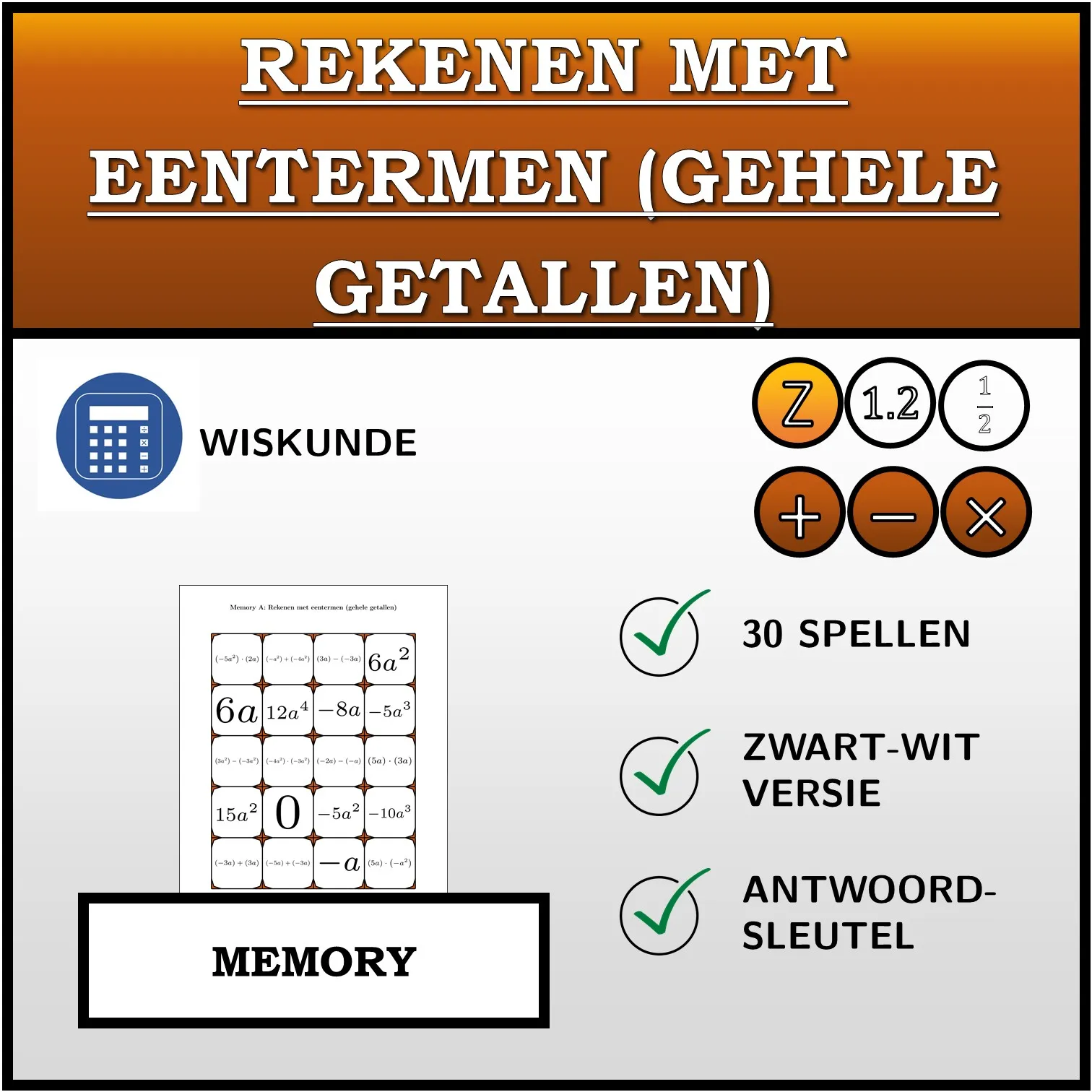 Memory: Rekenen met eentermen (gehele getallen)
