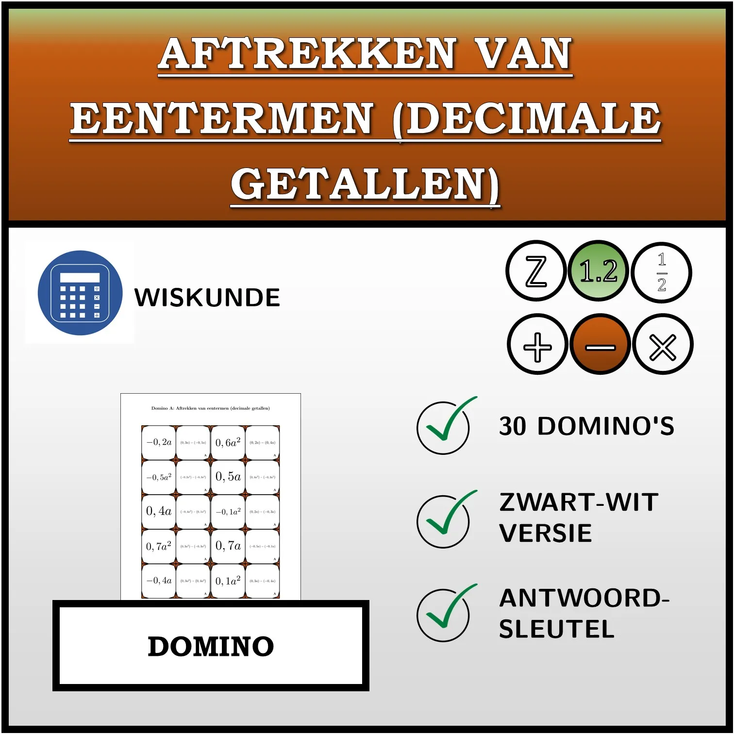 Domino: Aftrekken van eentermen (decimale getallen)