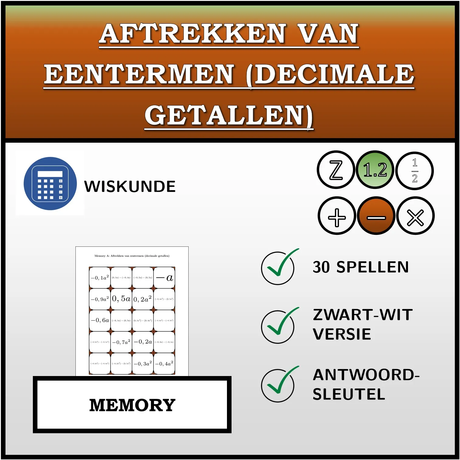Memory: Aftrekken van eentermen (decimale getallen)