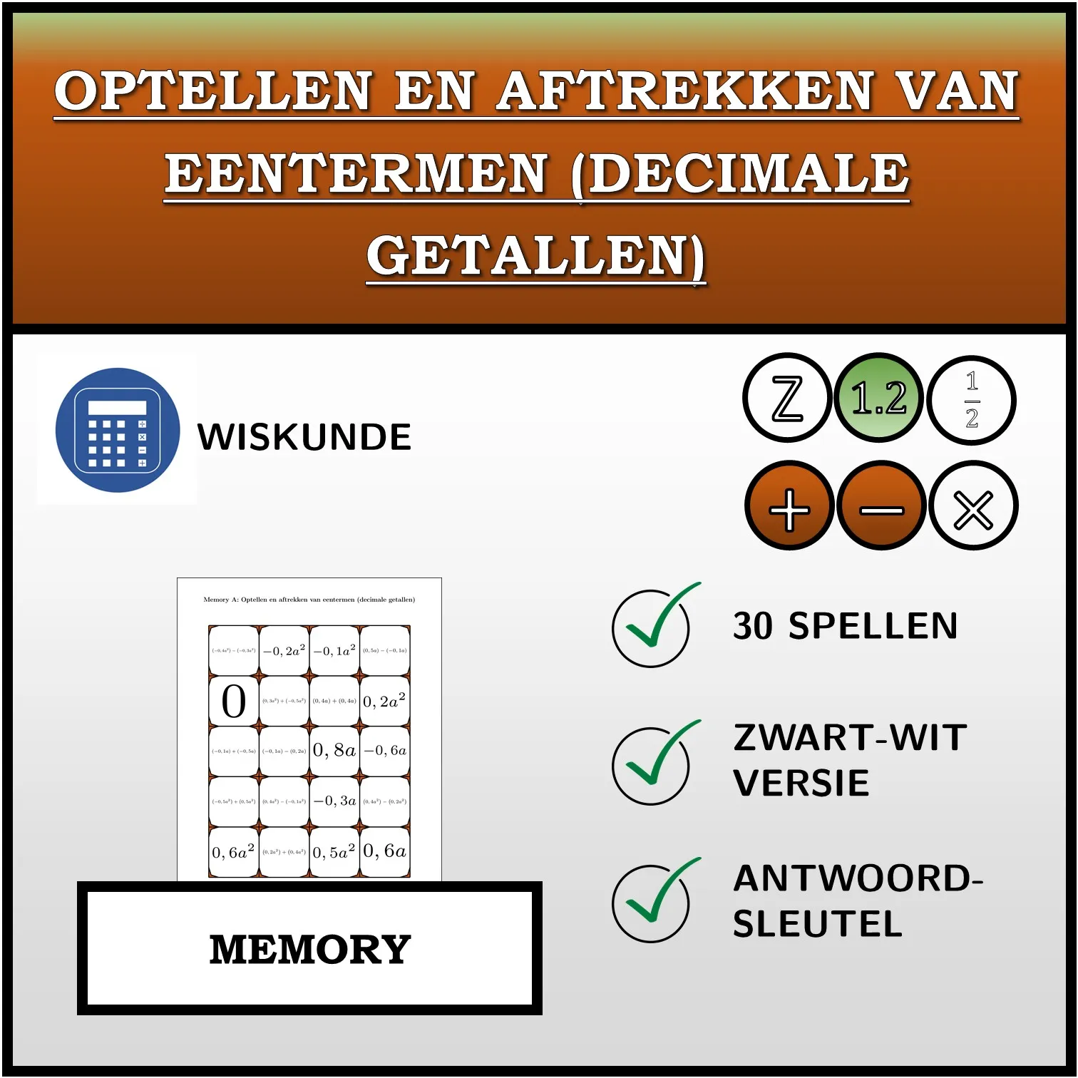 Memory: Optellen en aftrekken van eentermen (decimale getallen)