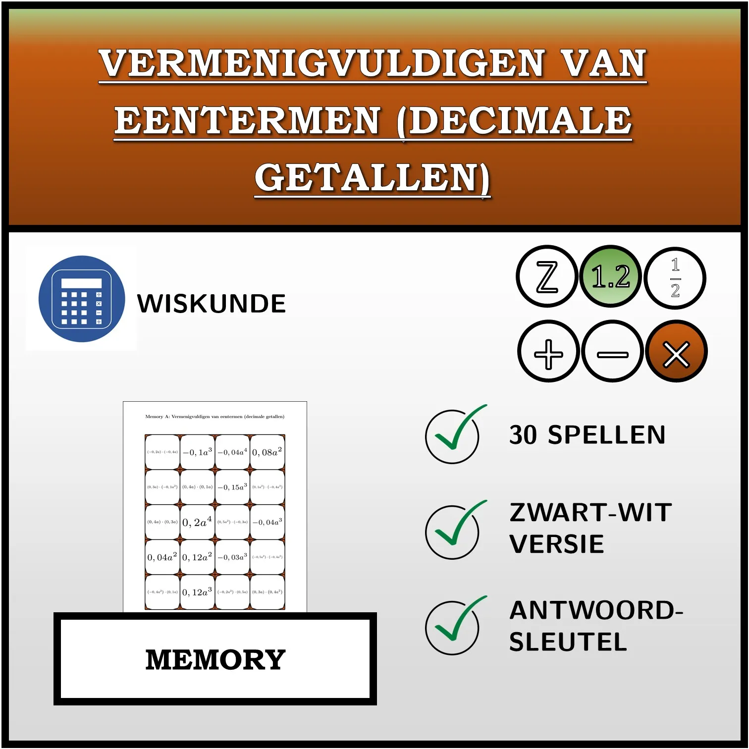 Memory: Vermenigvuldigen van eentermen (decimale getallen)