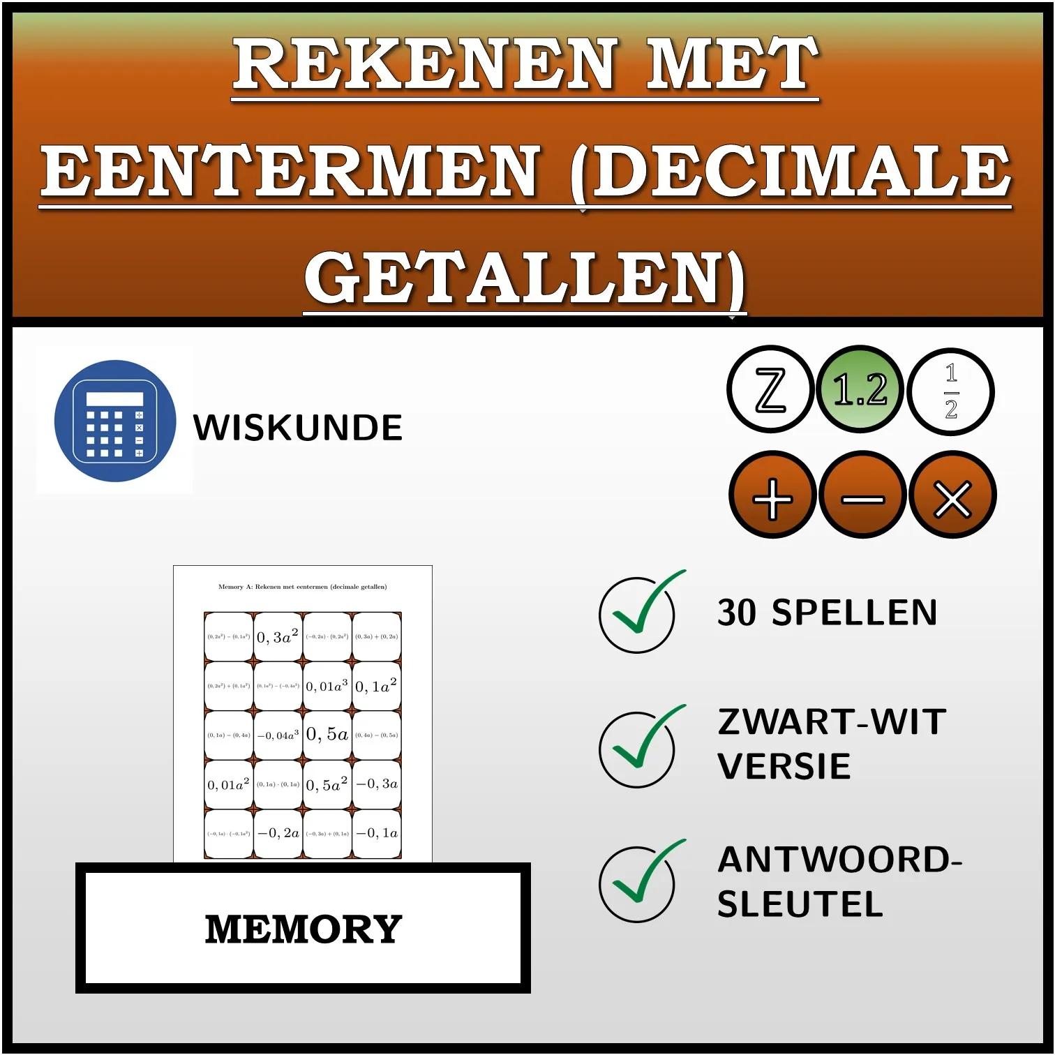 Memory: Rekenen met eentermen (decimale getallen)