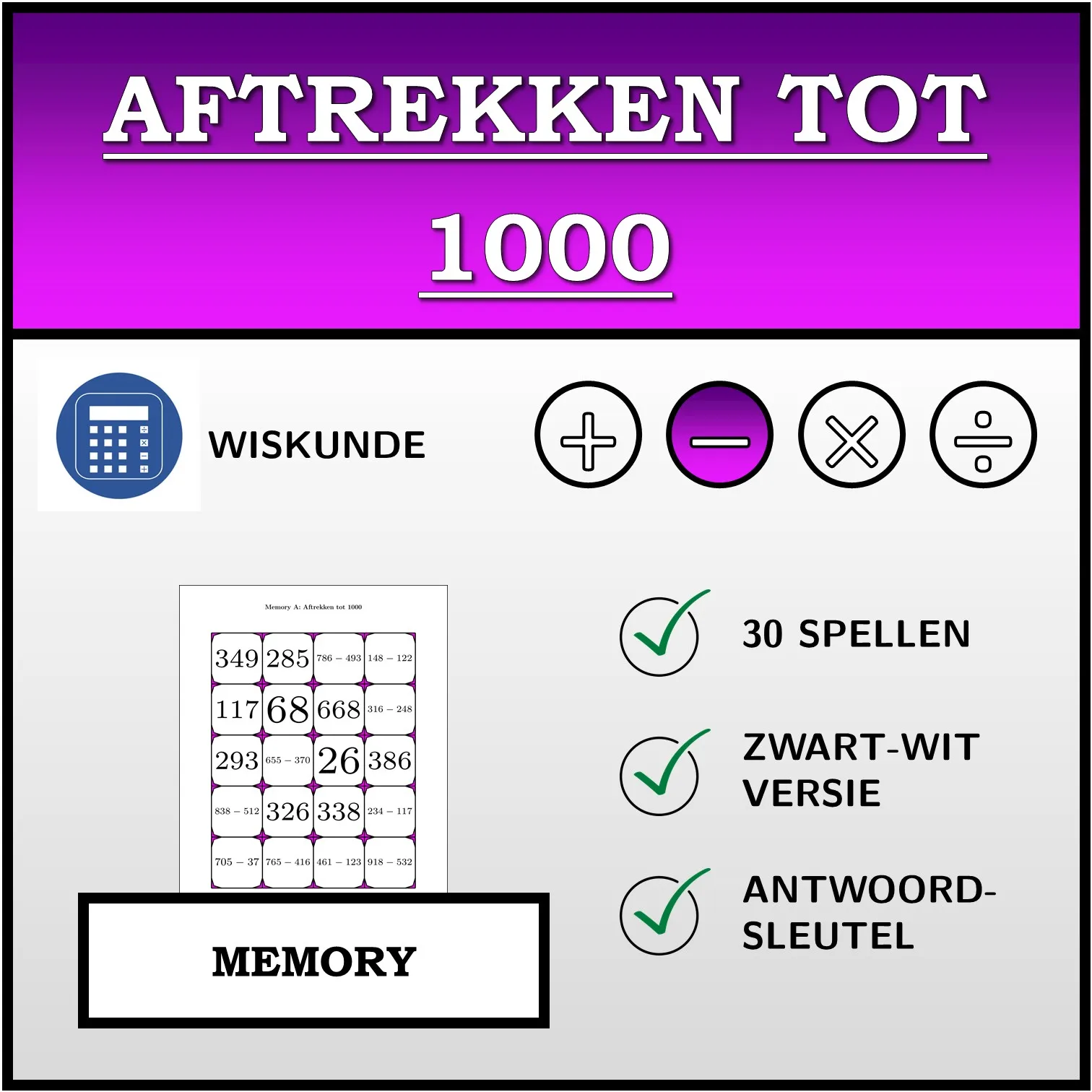 Memory: Aftrekken tot 1000