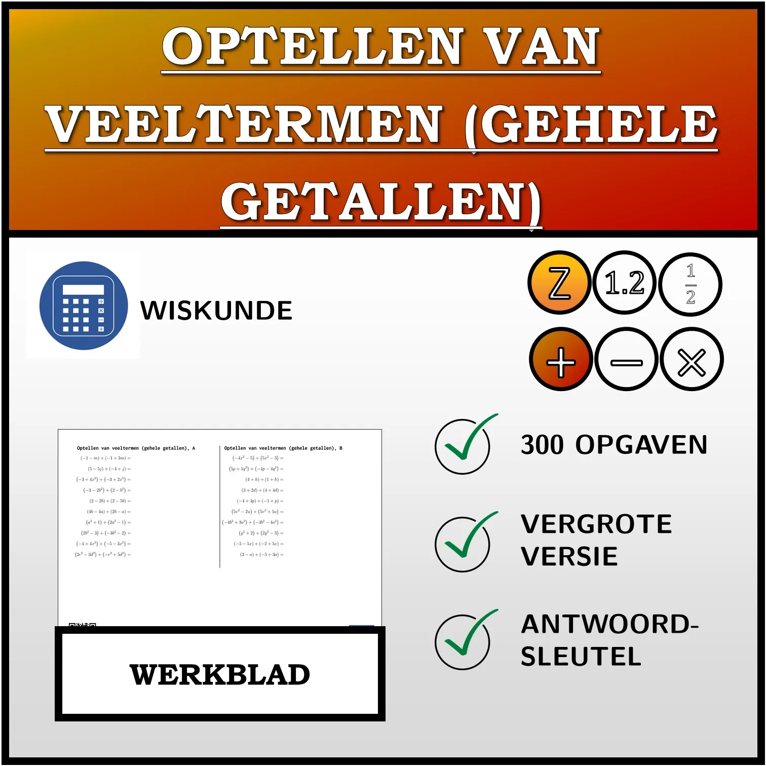 Werkblad: Optellen van veeltermen (gehele getallen)