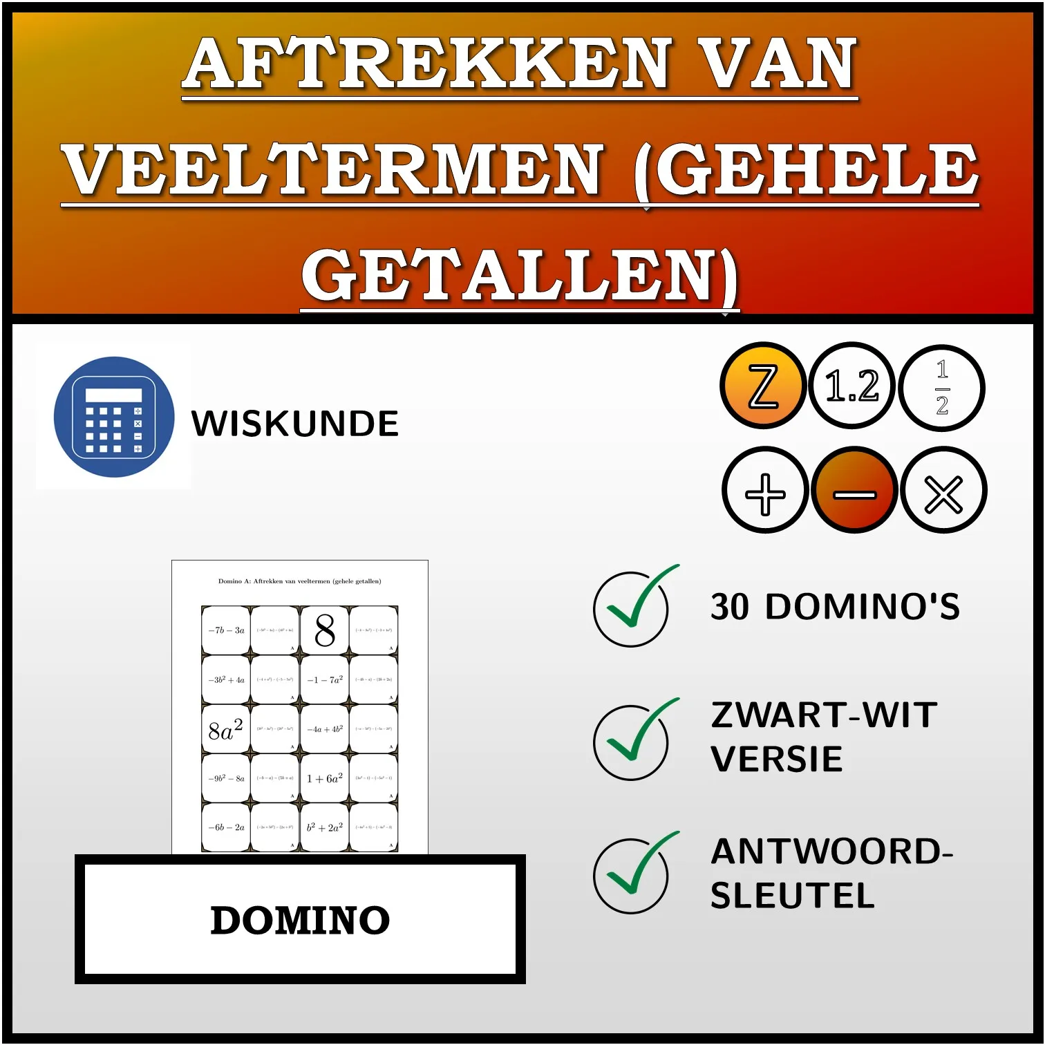 Domino: Aftrekken van veeltermen (gehele getallen)