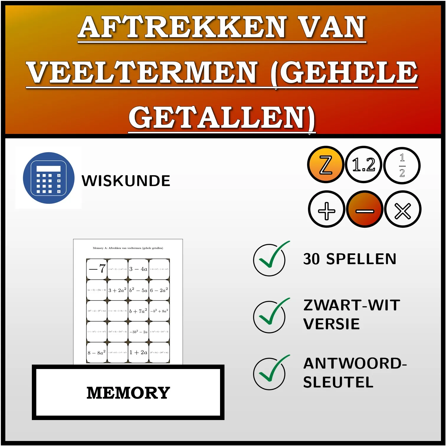 Memory: Aftrekken van veeltermen (gehele getallen)
