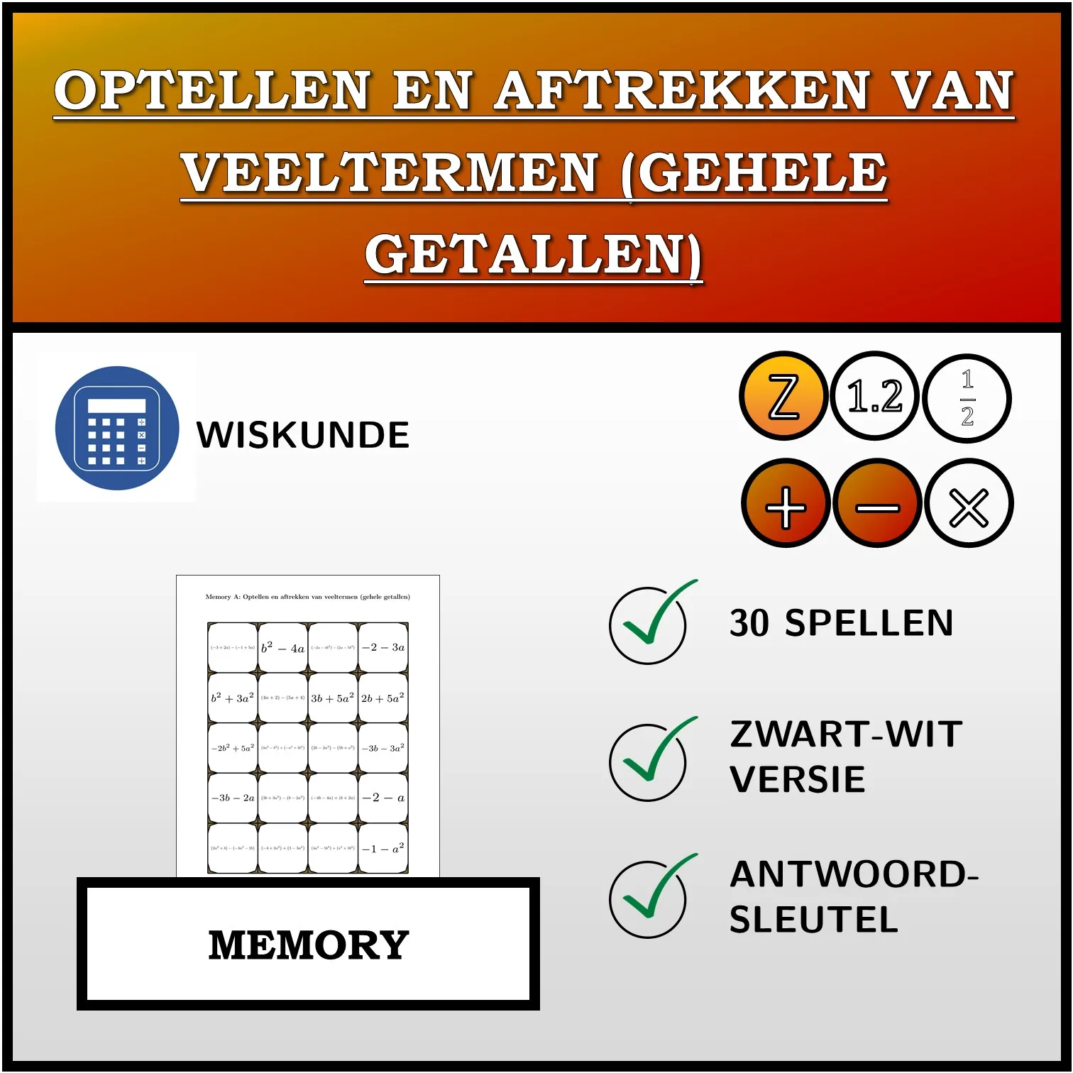 Memory: Optellen en aftrekken van veeltermen (gehele getallen)