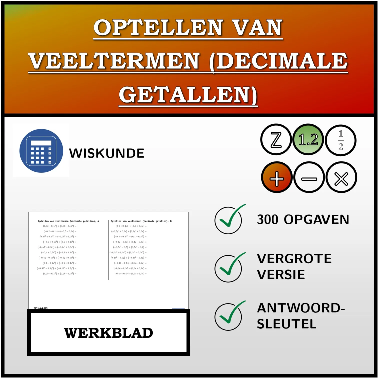 Werkblad: Optellen van veeltermen (decimale getallen)