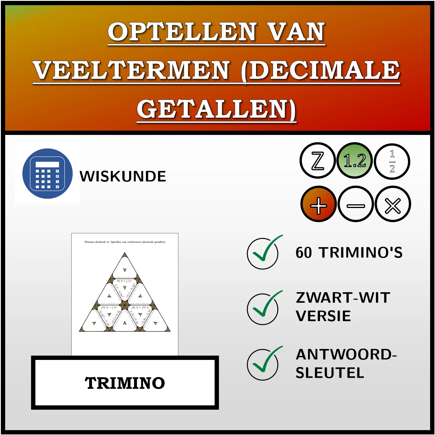 Trimino: Optellen van veeltermen (decimale getallen)