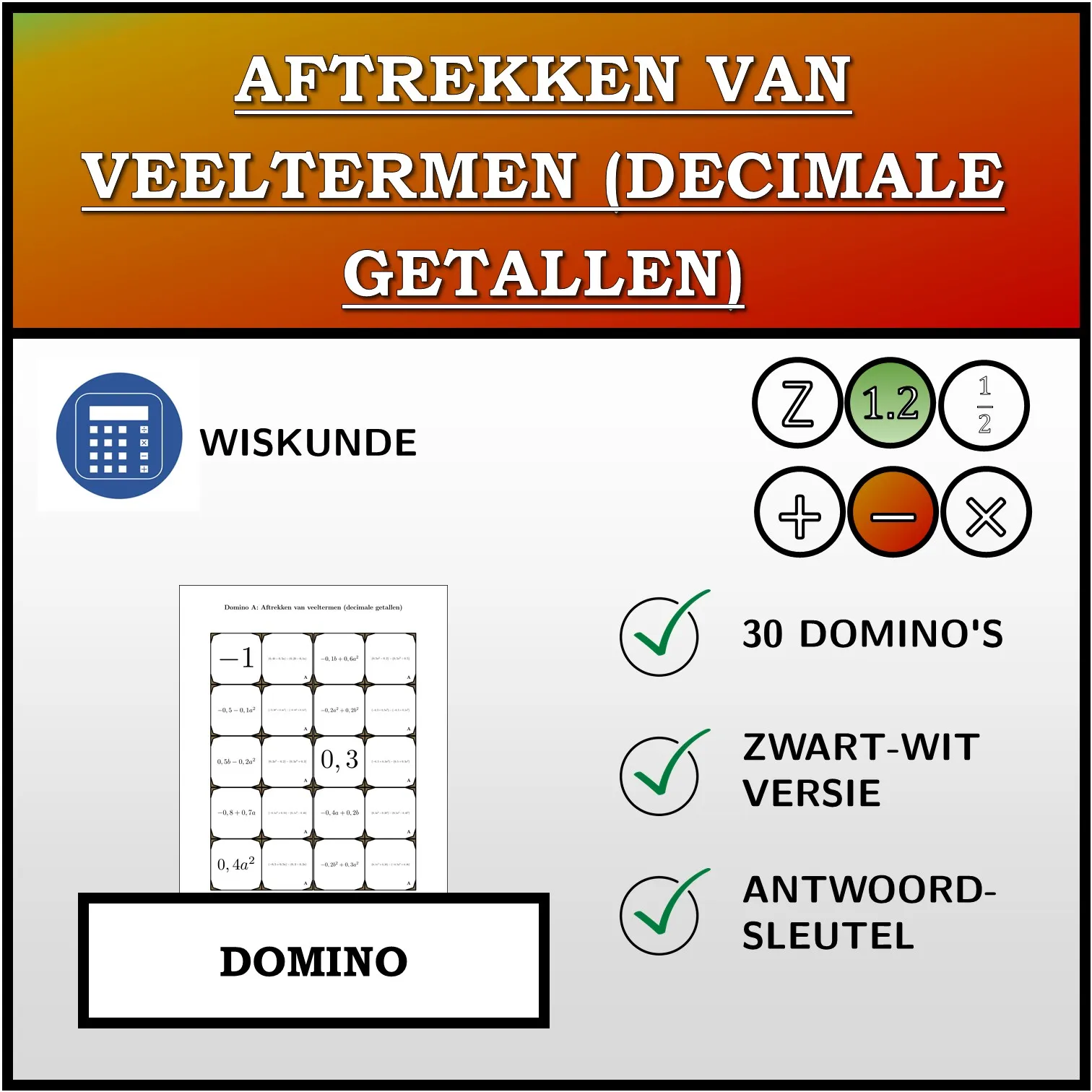 Domino: Aftrekken van veeltermen (decimale getallen)