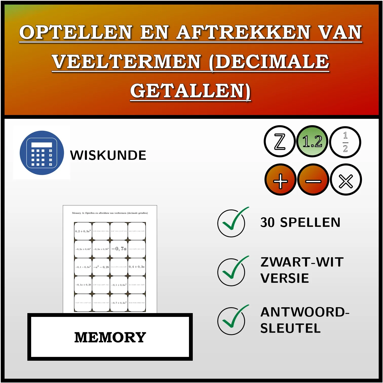 Memory: Optellen en aftrekken van veeltermen (decimale getallen)