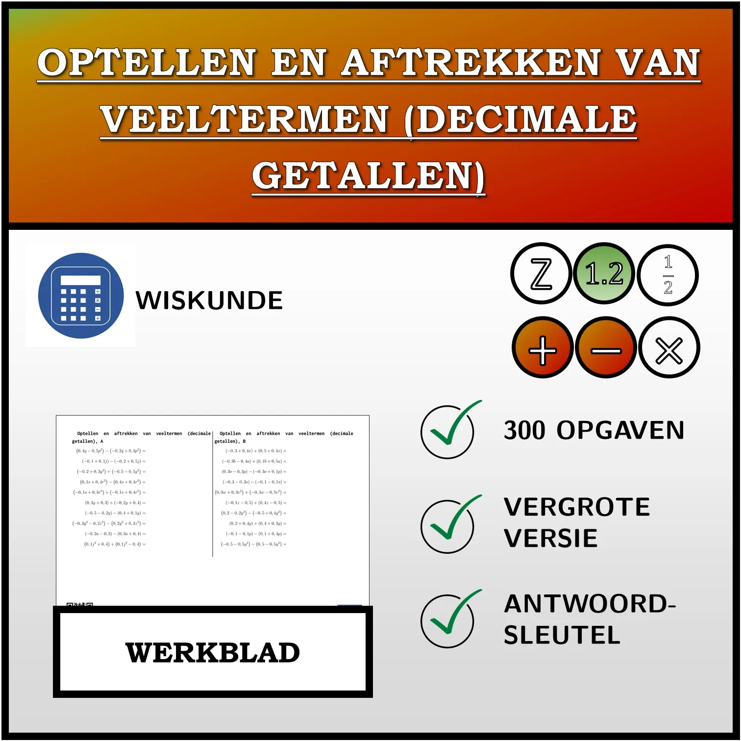 Werkblad: Optellen en aftrekken van veeltermen (decimale getallen)