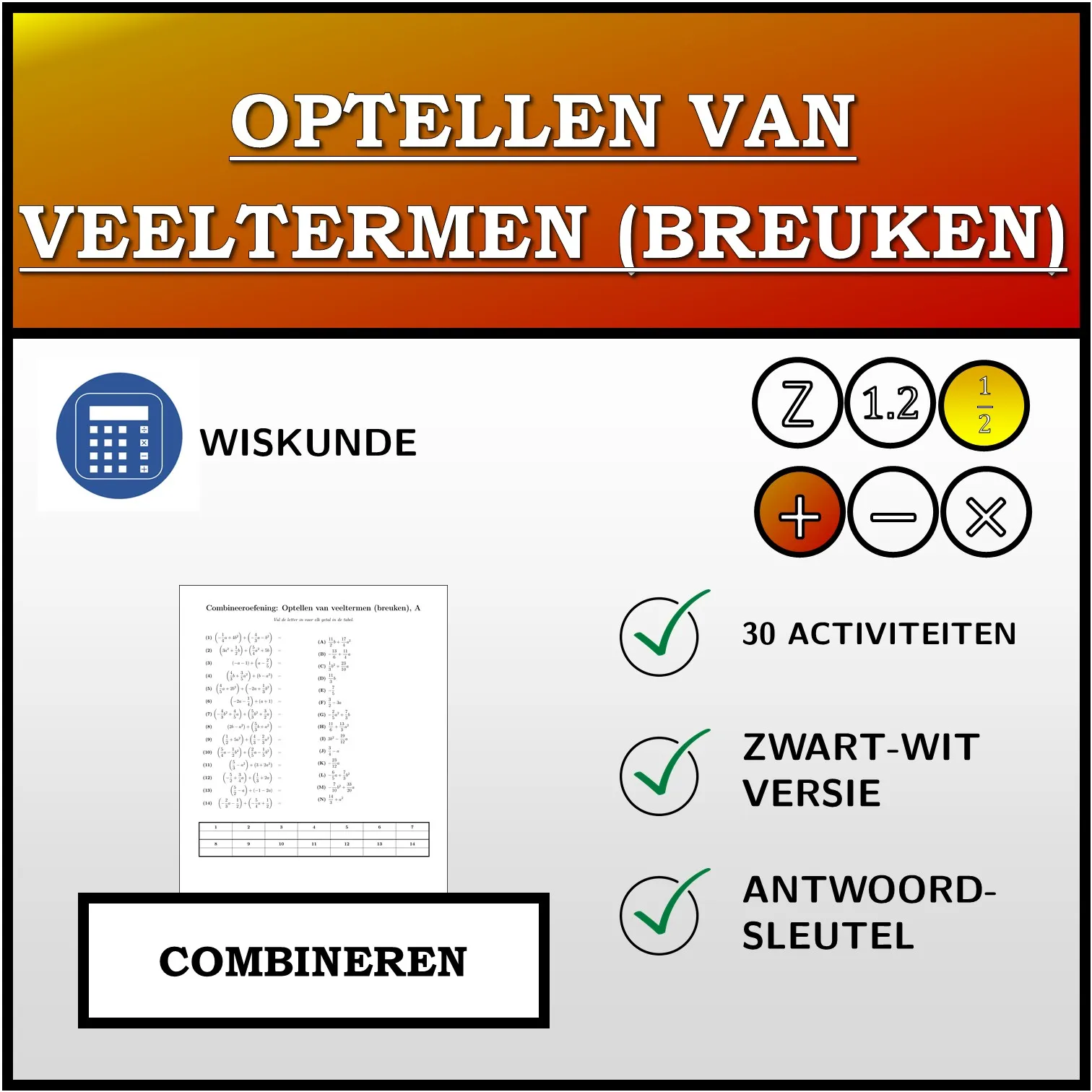Combineeroefening: Optellen van veeltermen (breuken)