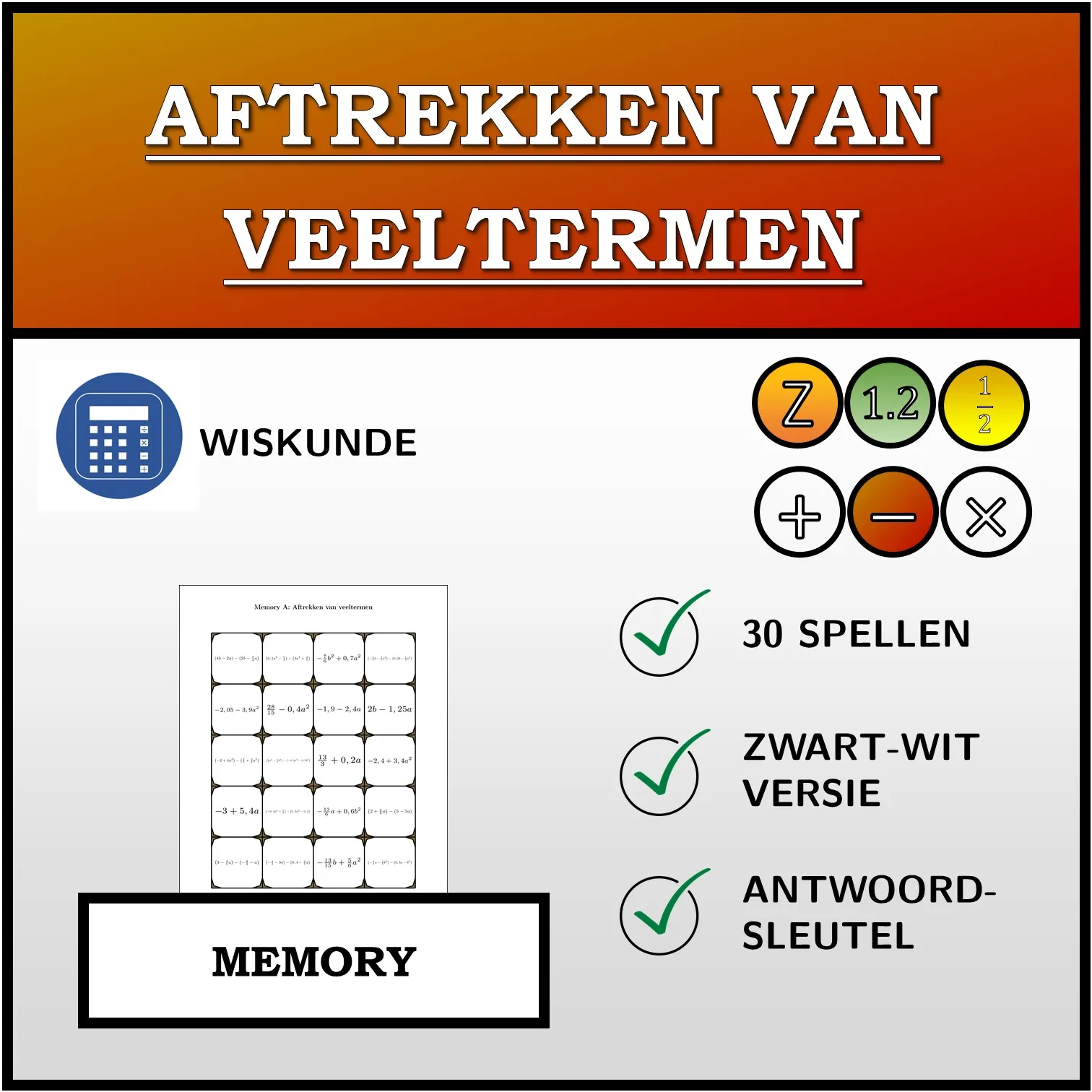 Memory: Aftrekken van veeltermen