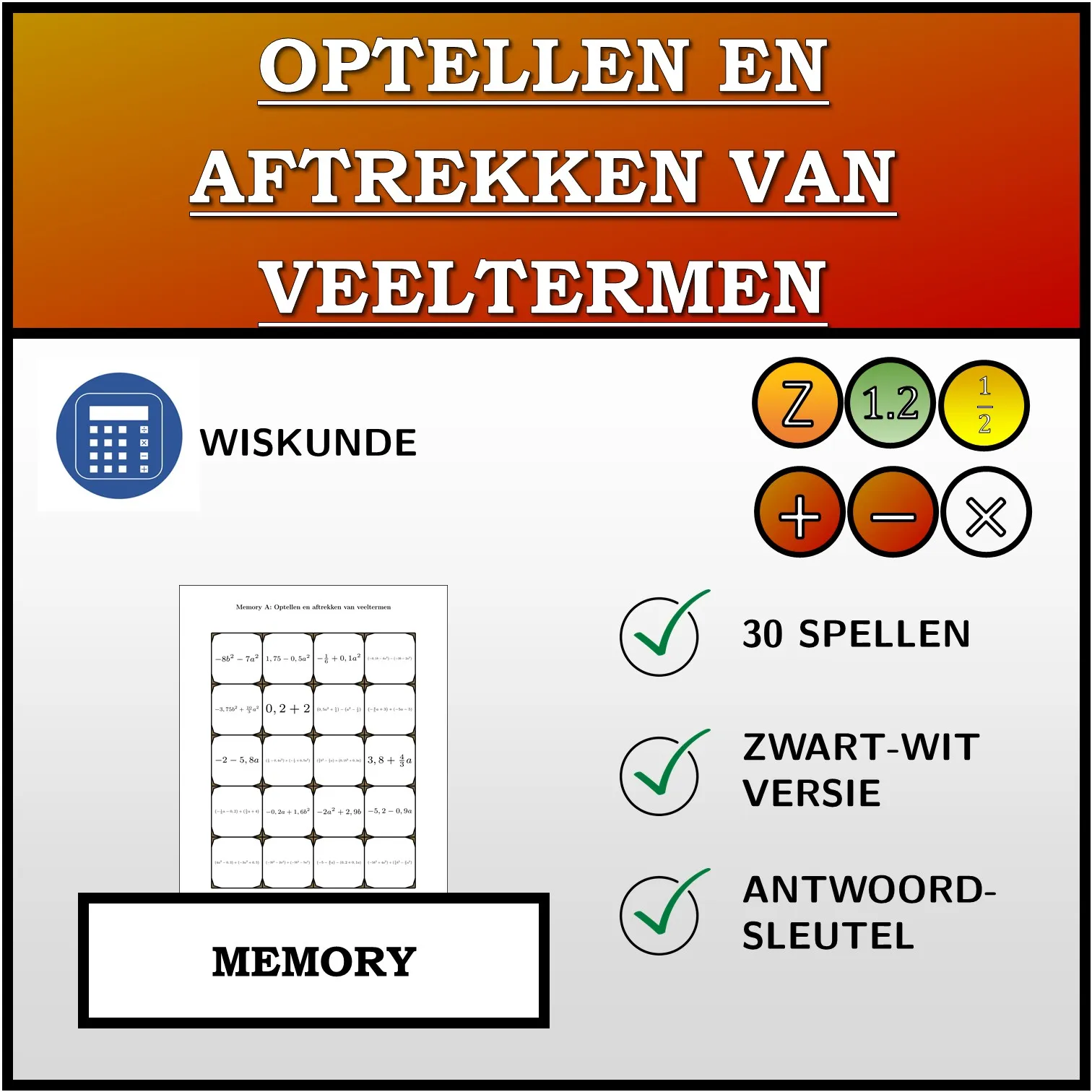 Memory: Optellen en aftrekken van veeltermen