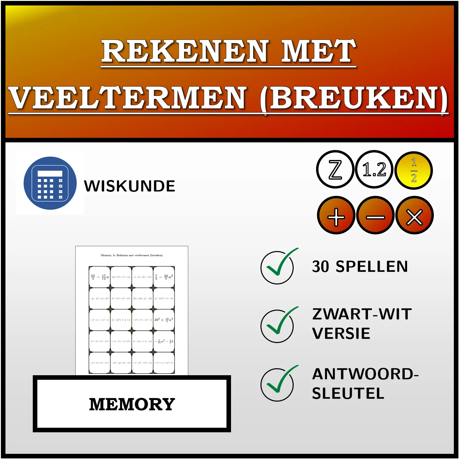 Memory: Rekenen met veeltermen (breuken)
