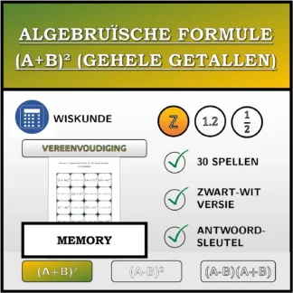 Memory: Algebruïsche formule (A+B)² (gehele getallen), vereenvoudiging