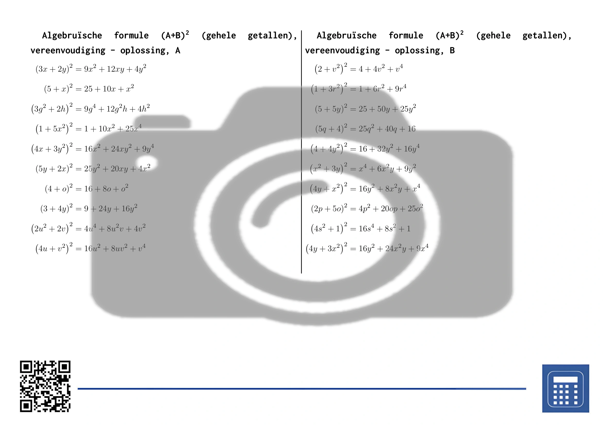 Werkblad: Algebruïsche formule (A+B)² (gehele getallen), vereenvoudiging - Afbeelding 4