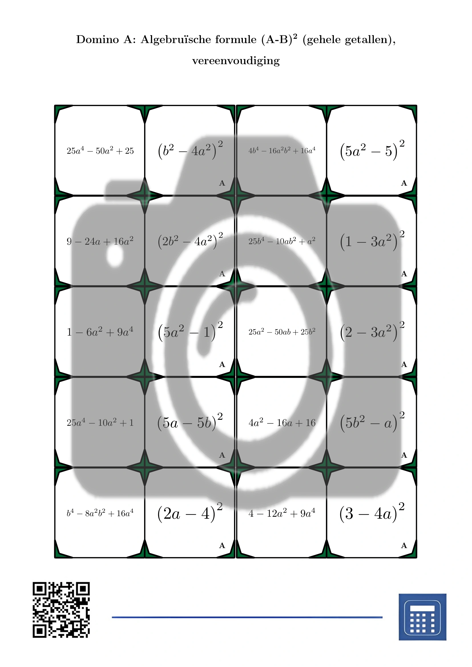 Domino: Algebruïsche formule (A-B)² (gehele getallen), vereenvoudiging - Afbeelding 2