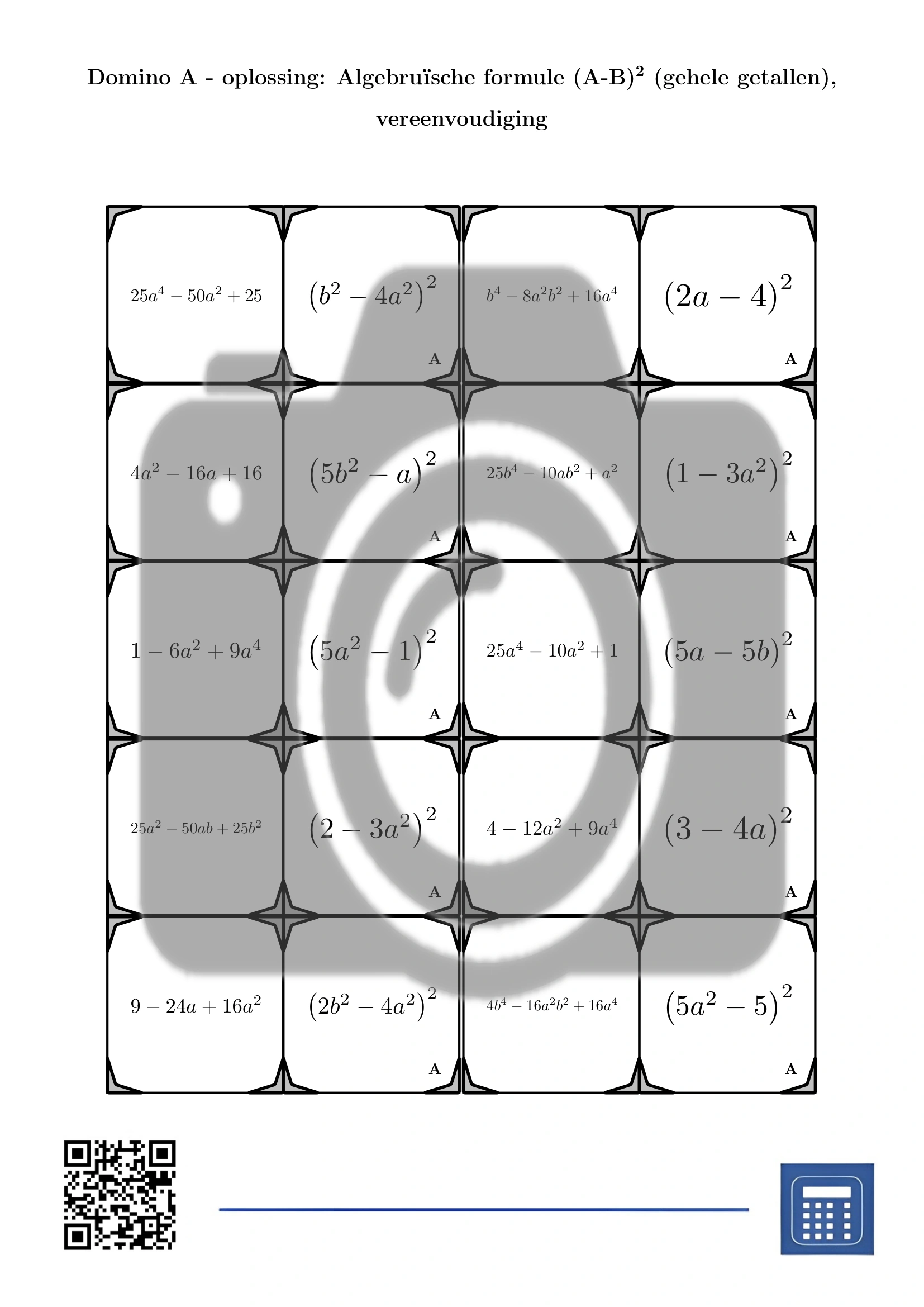 Domino: Algebruïsche formule (A-B)² (gehele getallen), vereenvoudiging - Afbeelding 4