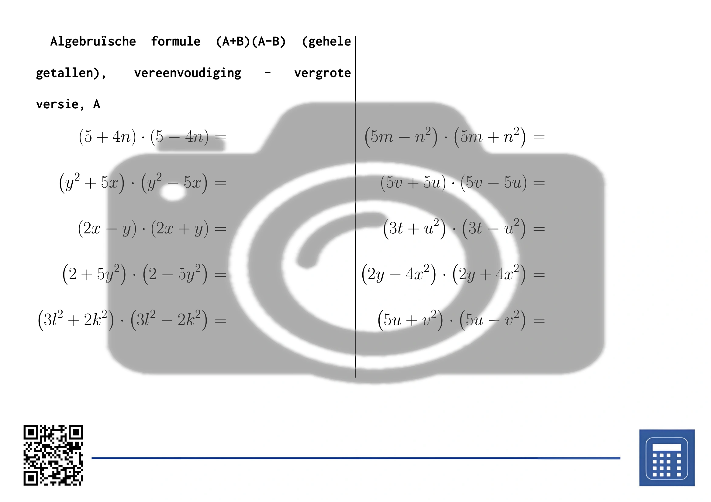 Werkblad: Algebruïsche formule (A+B)(A-B) (gehele getallen), vereenvoudiging - Afbeelding 3