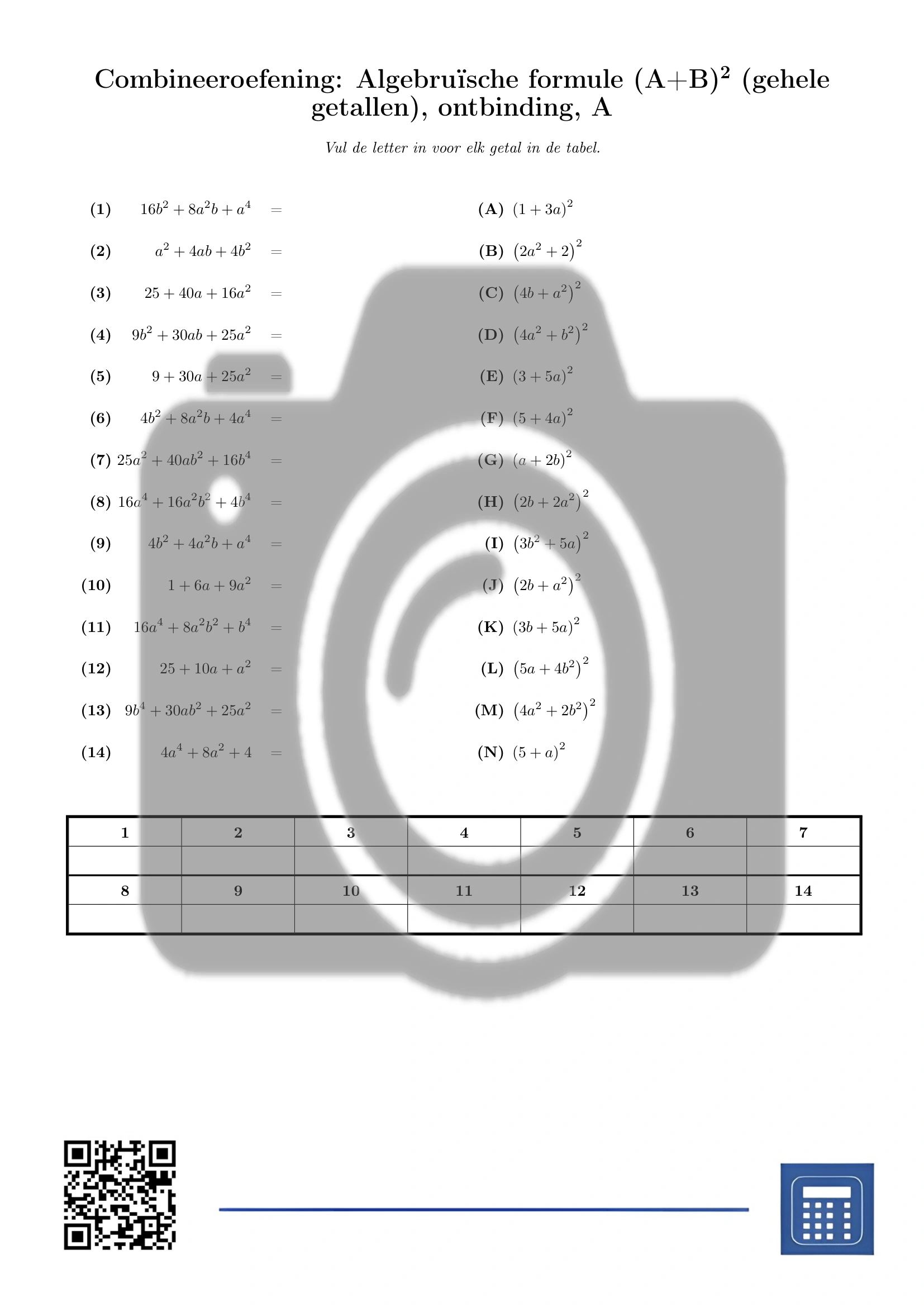 Combineeroefening: Algebruïsche formule (A+B)² (gehele getallen), ontbinding - Afbeelding 2