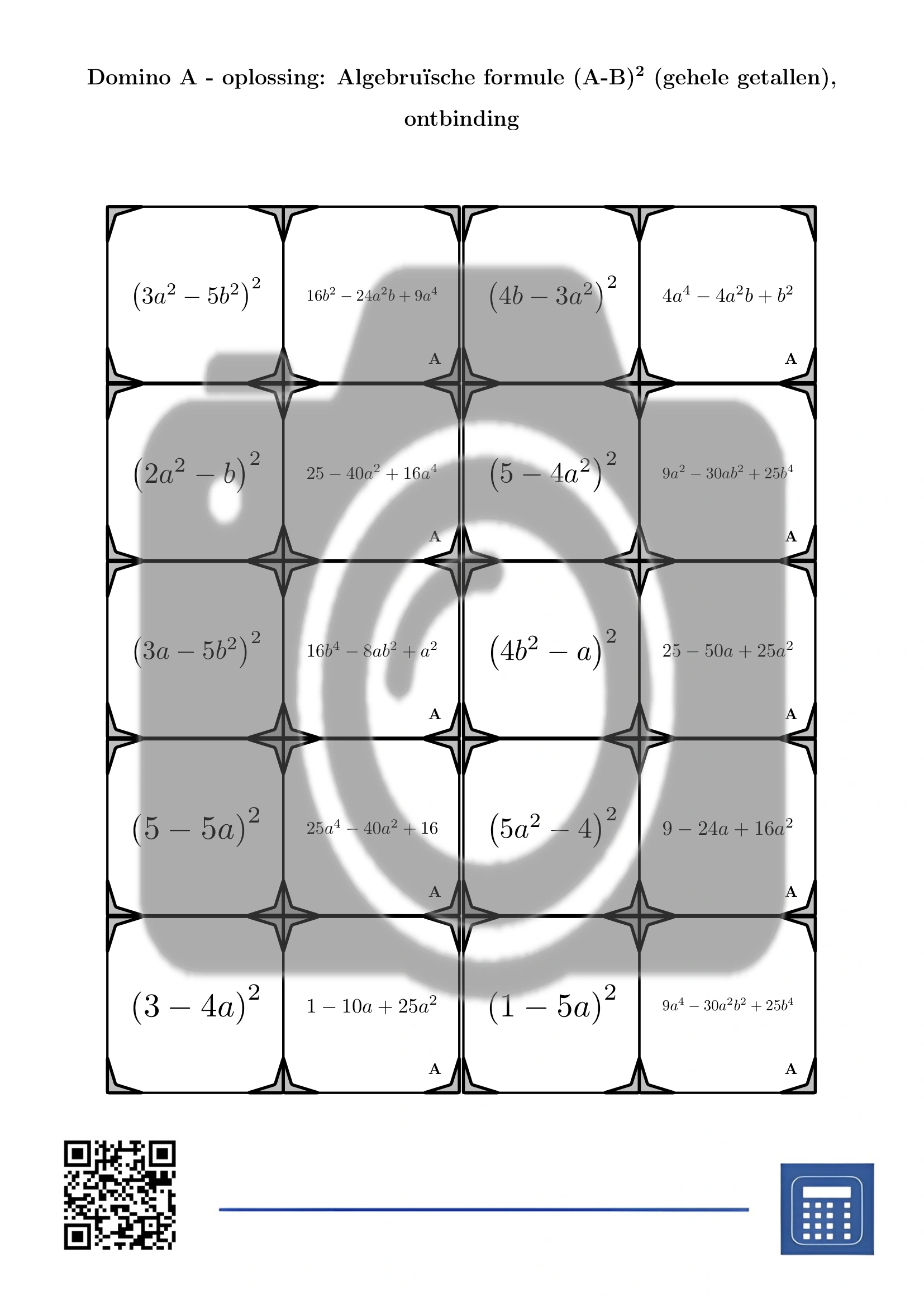 Domino: Algebruïsche formule (A-B)² (gehele getallen), ontbinding - Afbeelding 4