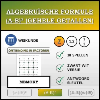 Memory: Algebruïsche formule (A-B)² (gehele getallen), ontbinding
