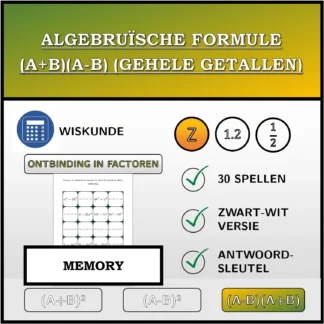 Memory: Algebruïsche formule (A+B)(A-B) (gehele getallen), ontbinding