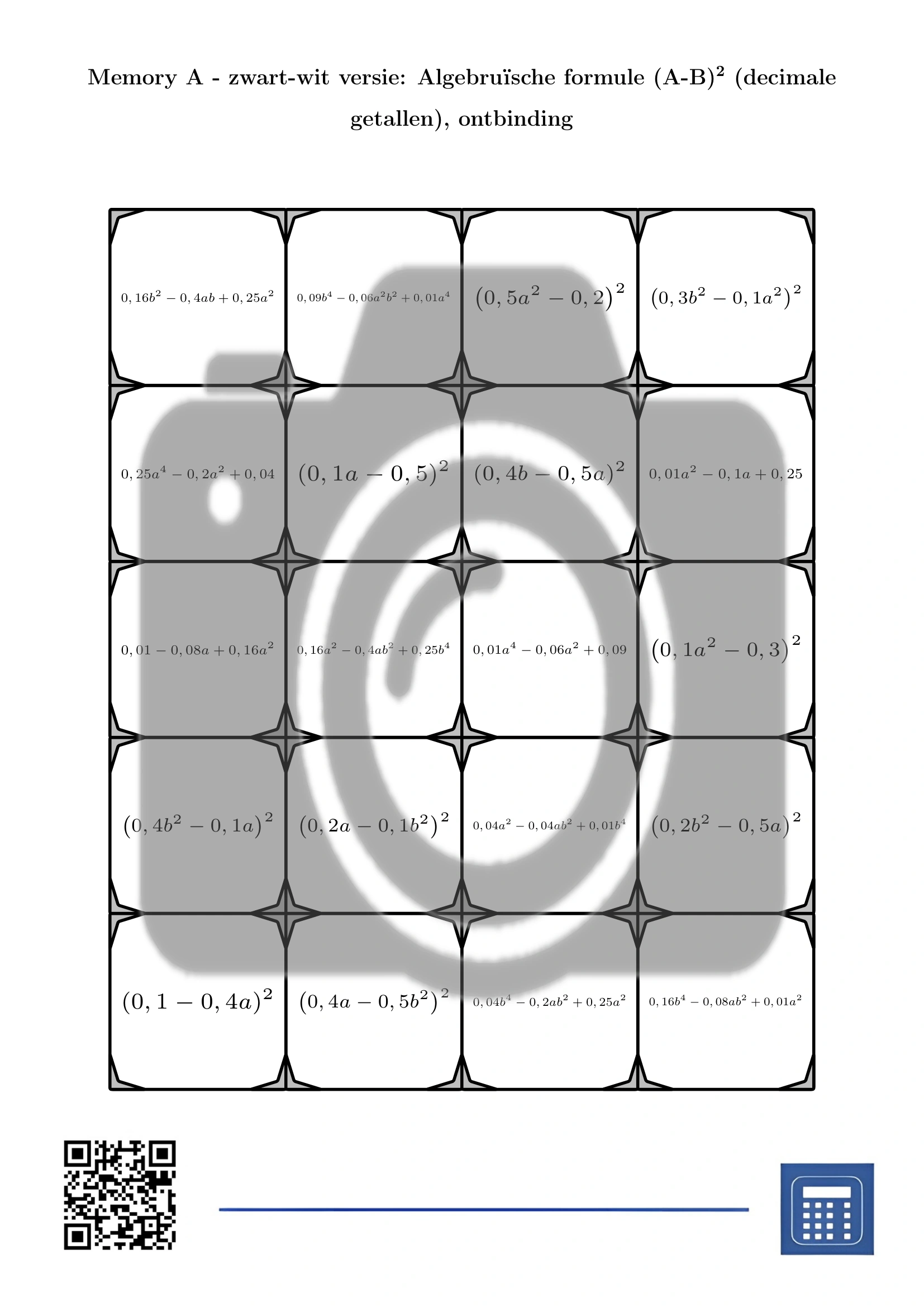 Memory: Algebruïsche formule (A-B)² (decimale getallen), ontbinding - Afbeelding 3