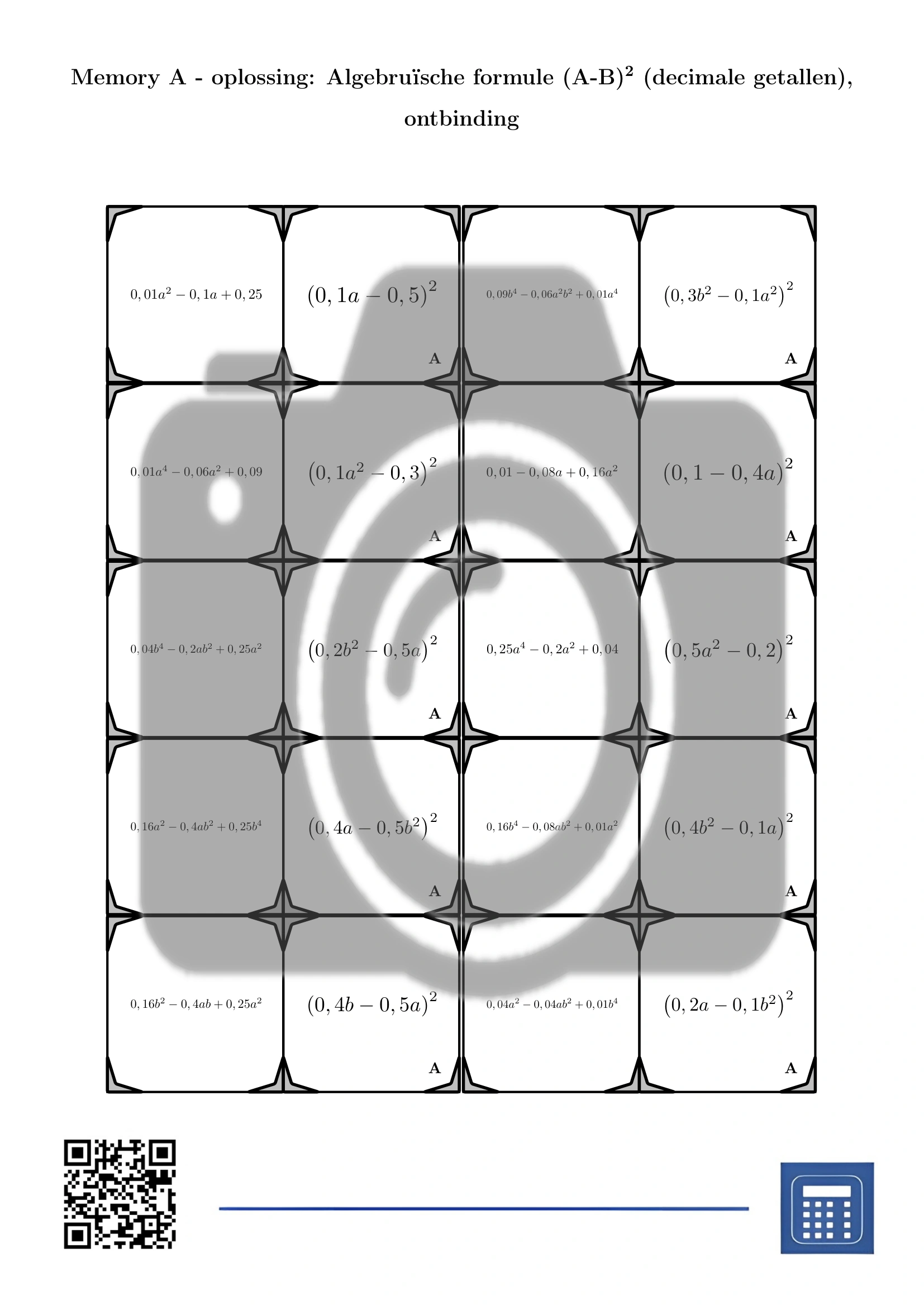 Memory: Algebruïsche formule (A-B)² (decimale getallen), ontbinding - Afbeelding 4