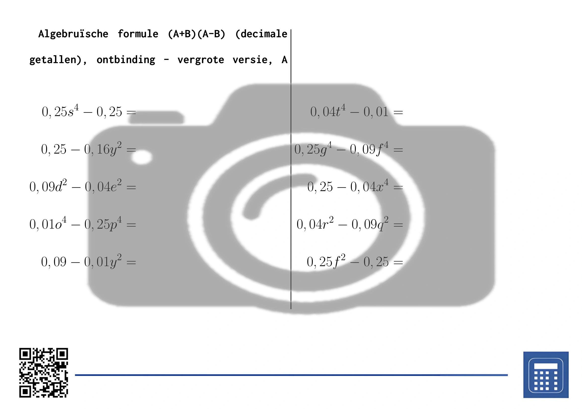 Werkblad: Algebruïsche formule (A+B)(A-B) (decimale getallen), ontbinding - Afbeelding 3