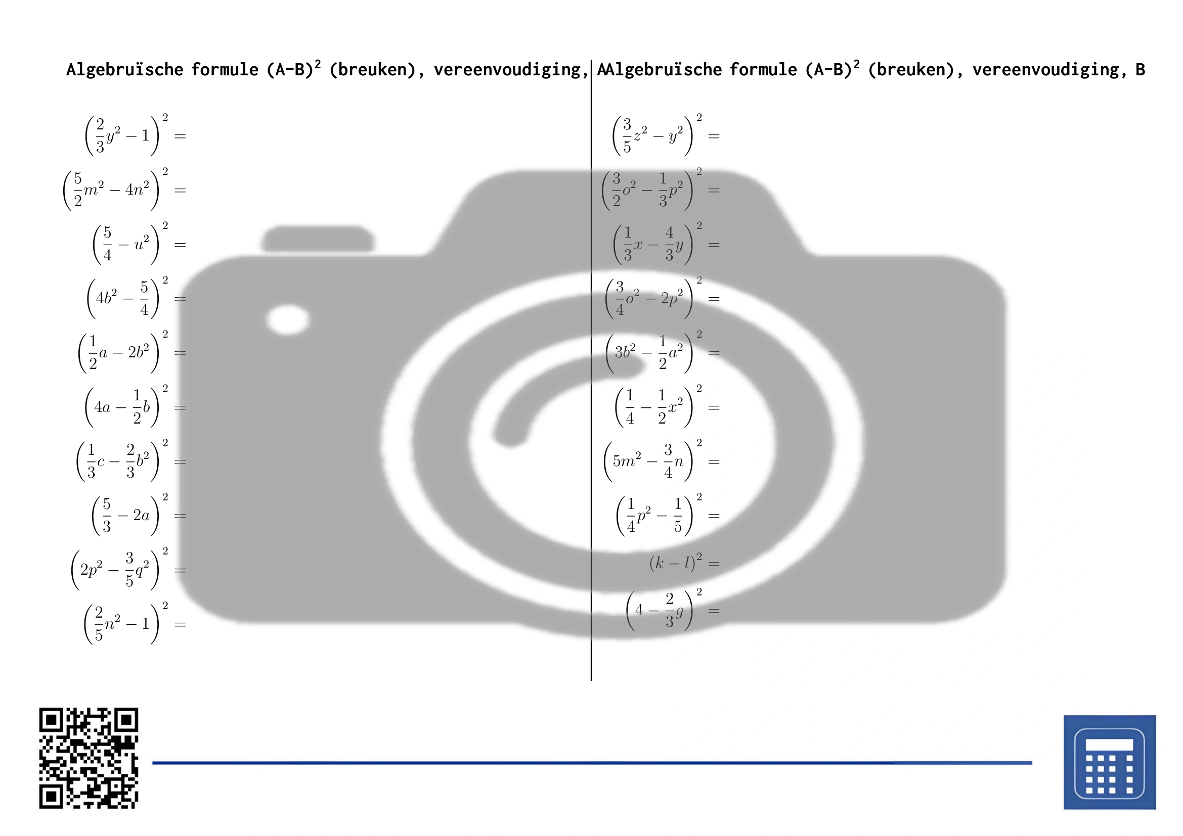Werkblad: Algebruïsche formule (A-B)² (breuken), vereenvoudiging - Afbeelding 2