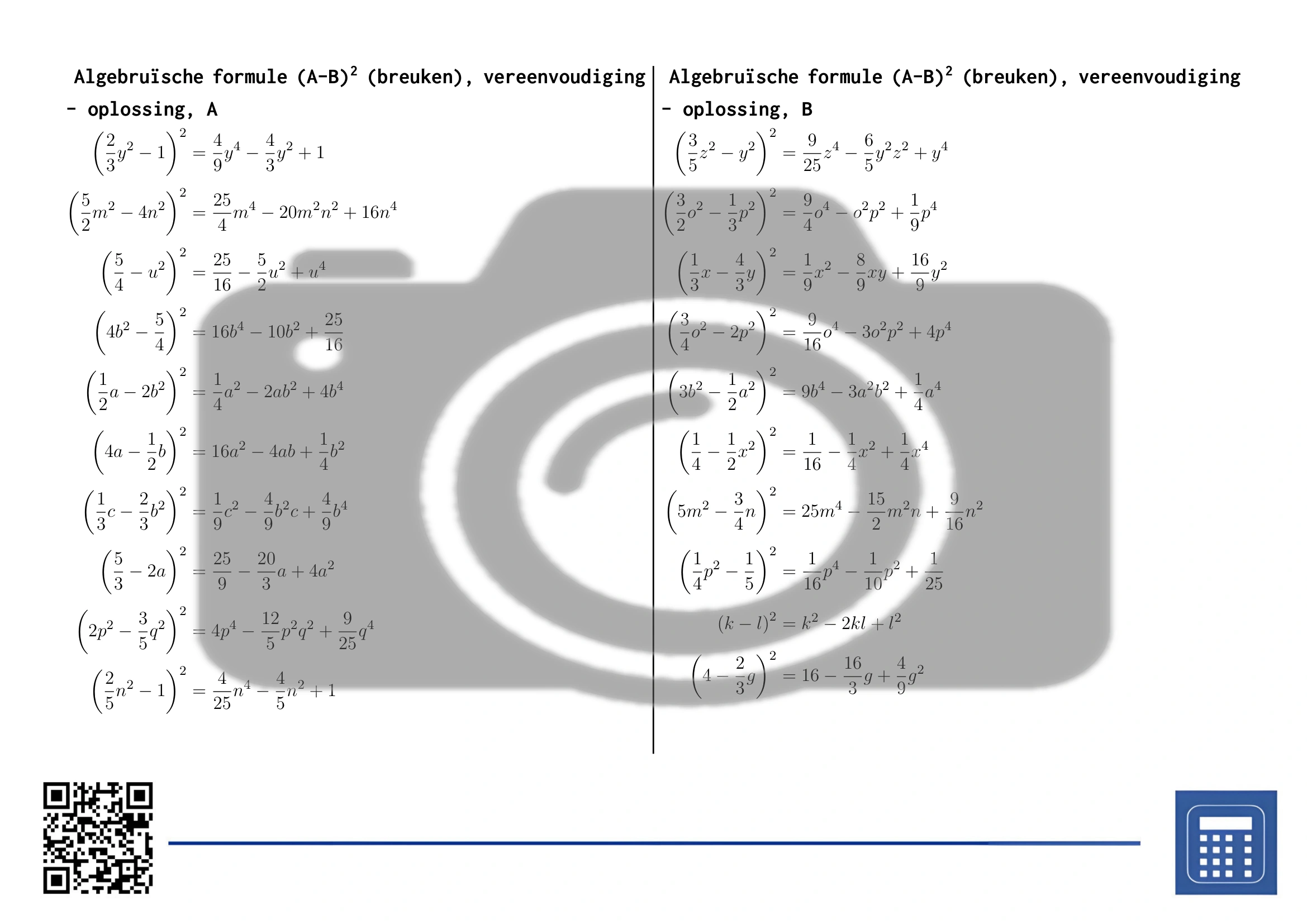 Werkblad: Algebruïsche formule (A-B)² (breuken), vereenvoudiging - Afbeelding 4