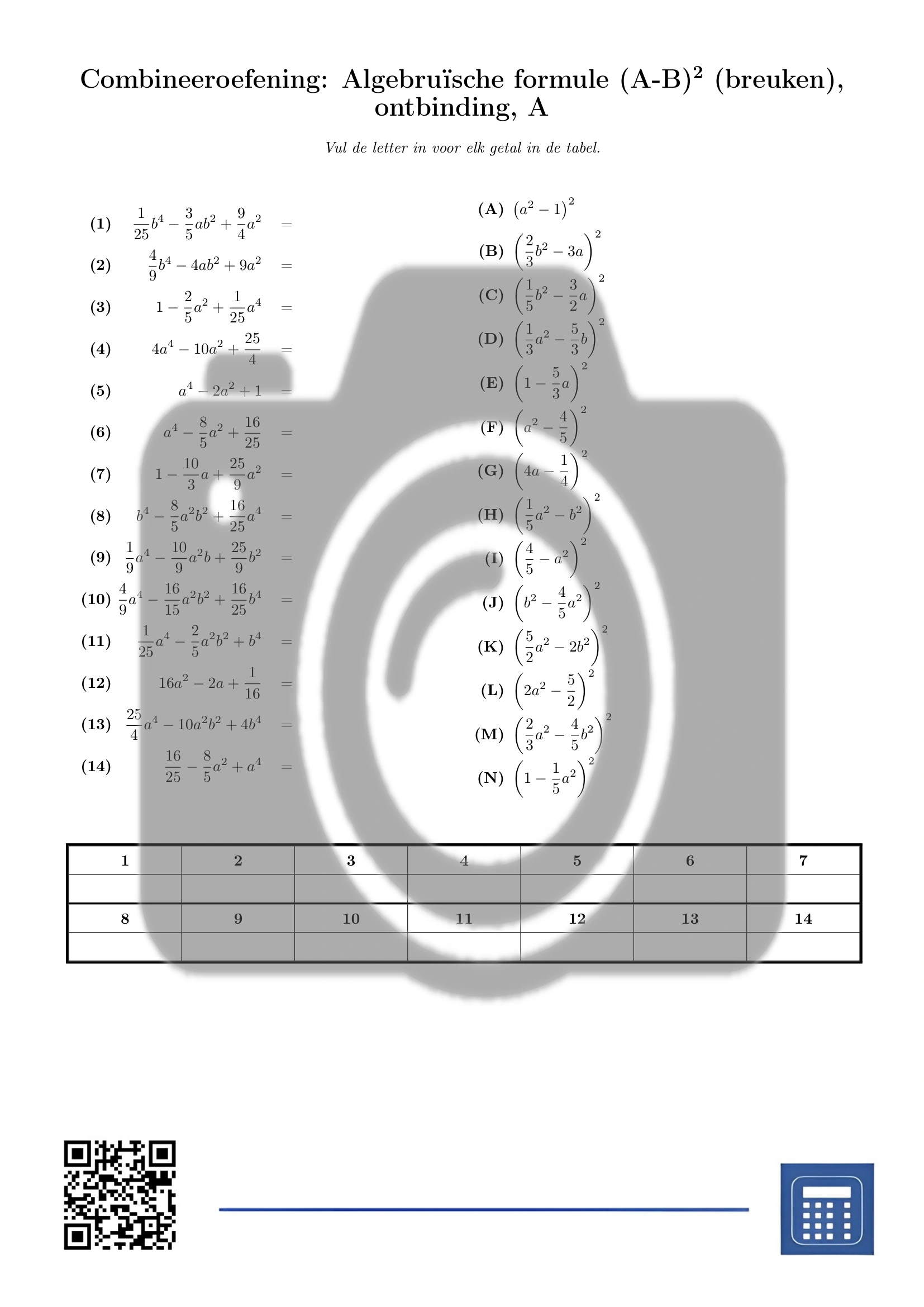 Combineeroefening: Algebruïsche formule (A-B)² (breuken), ontbinding - Afbeelding 2