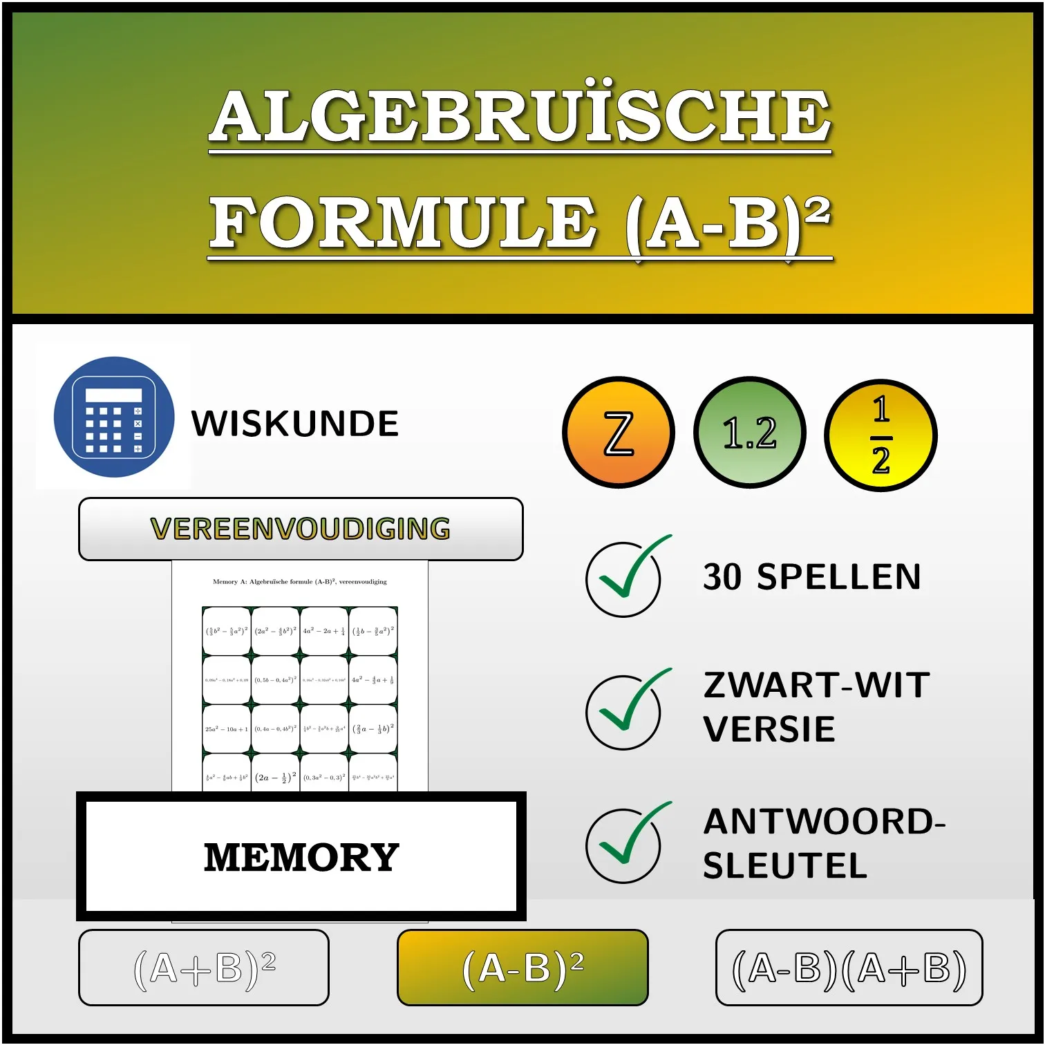 Memory: Algebruïsche formule (A-B)², vereenvoudiging