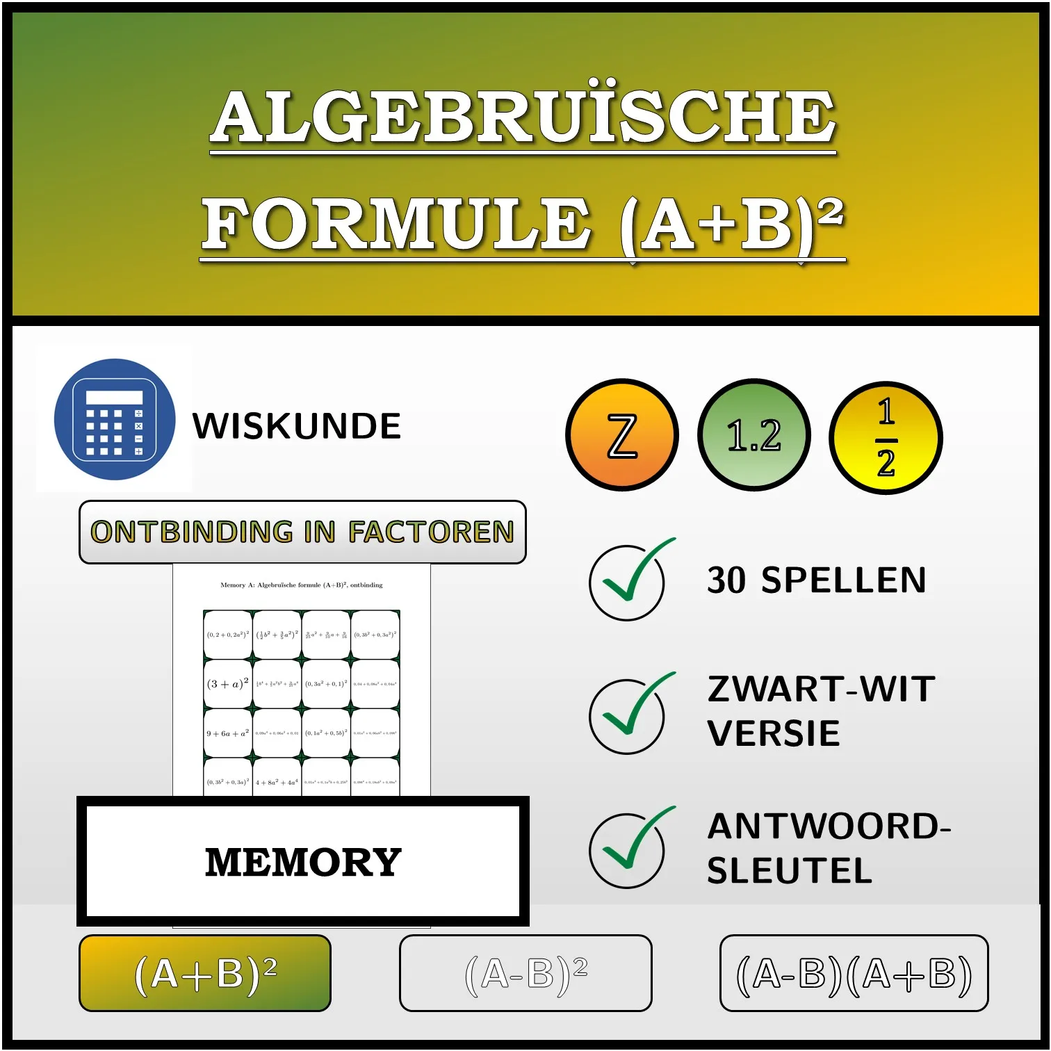 Memory: Algebruïsche formule (A+B)², ontbinding