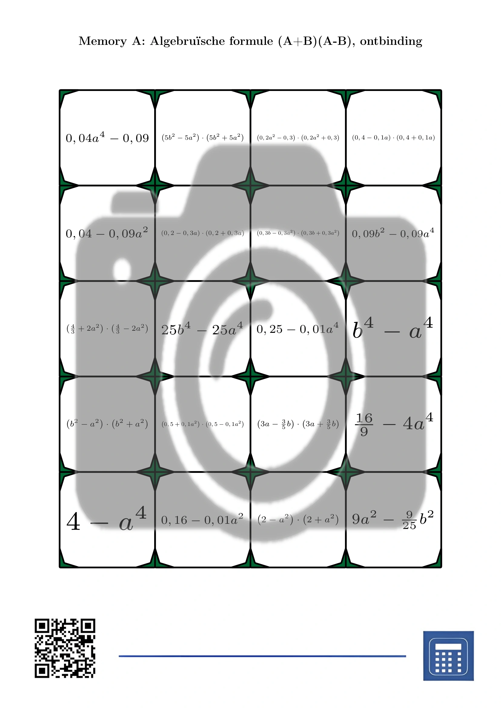 Memory: Algebruïsche formule (A+B)(A-B), ontbinding - Afbeelding 2