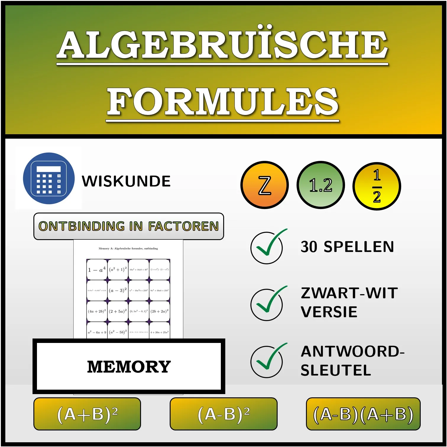 Memory: Algebruïsche formules, ontbinding