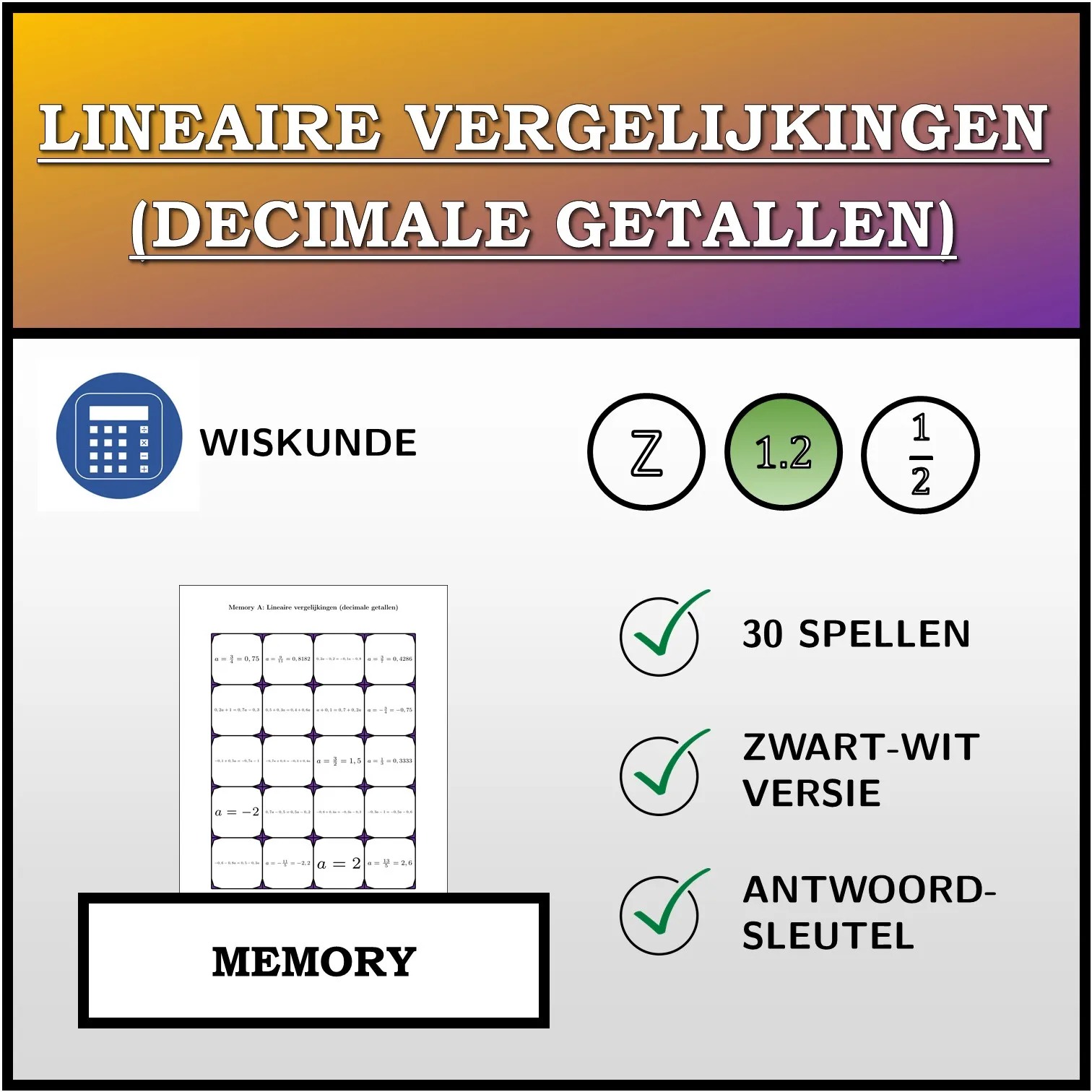 Memory: Lineaire vergelijkingen (decimale getallen)