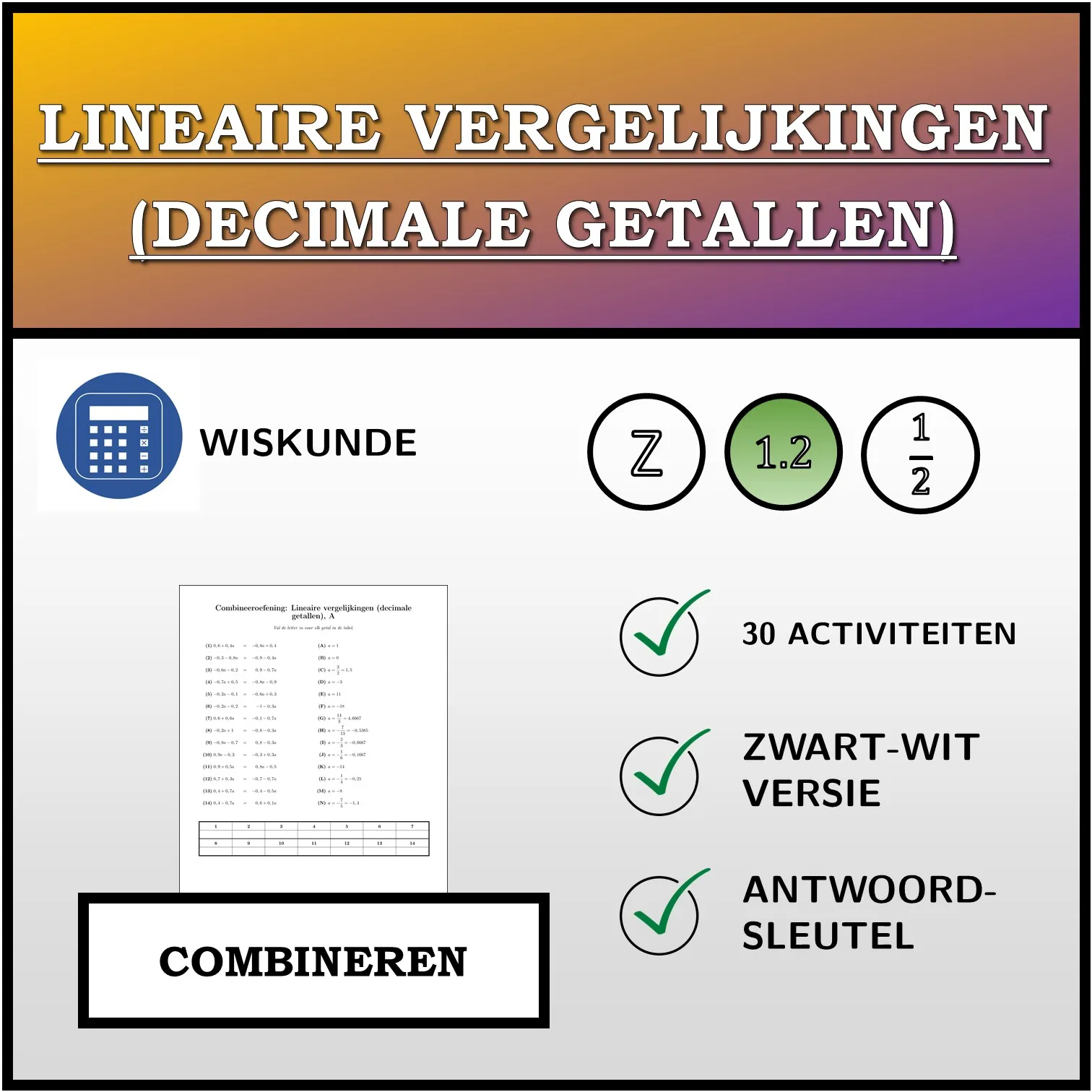 Combineeroefening: Lineaire vergelijkingen (decimale getallen)